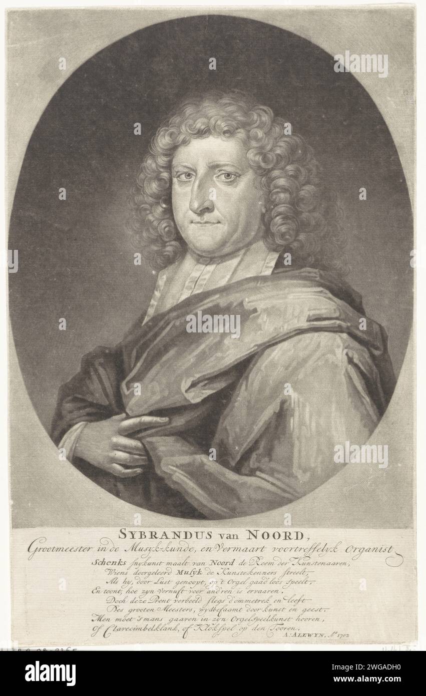 Ritratto di Sybrand van Noord, Pieter Schenk (i), 1702 stampa il compositore, carillion suonatore e organista di Sint-Bavo, Sybrand van Noordt. Incisione su carta di Amsterdam Foto Stock