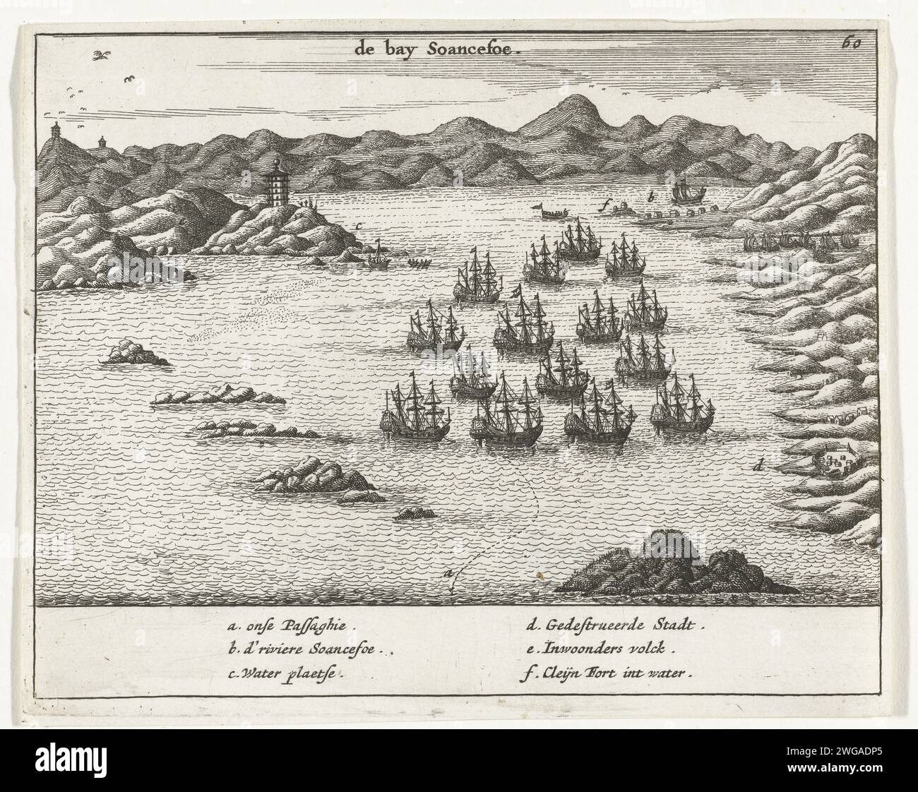 Fleet in the Bay Soancefoe (Cina), 1663, 1670 stampa la flotta olandese nella Bay Soancefoe (Cina), ottobre 1663. In connessione con le spedizioni della VOC del 1662-1665 guidate da Balthasar Bort contro il signore della guerra cinese Coxinga. Nella didascalia De leggenda A-F. Contrassegnato in alto a destra: 60. Carta dei Paesi Bassi del Nord incisione Formosa Foto Stock