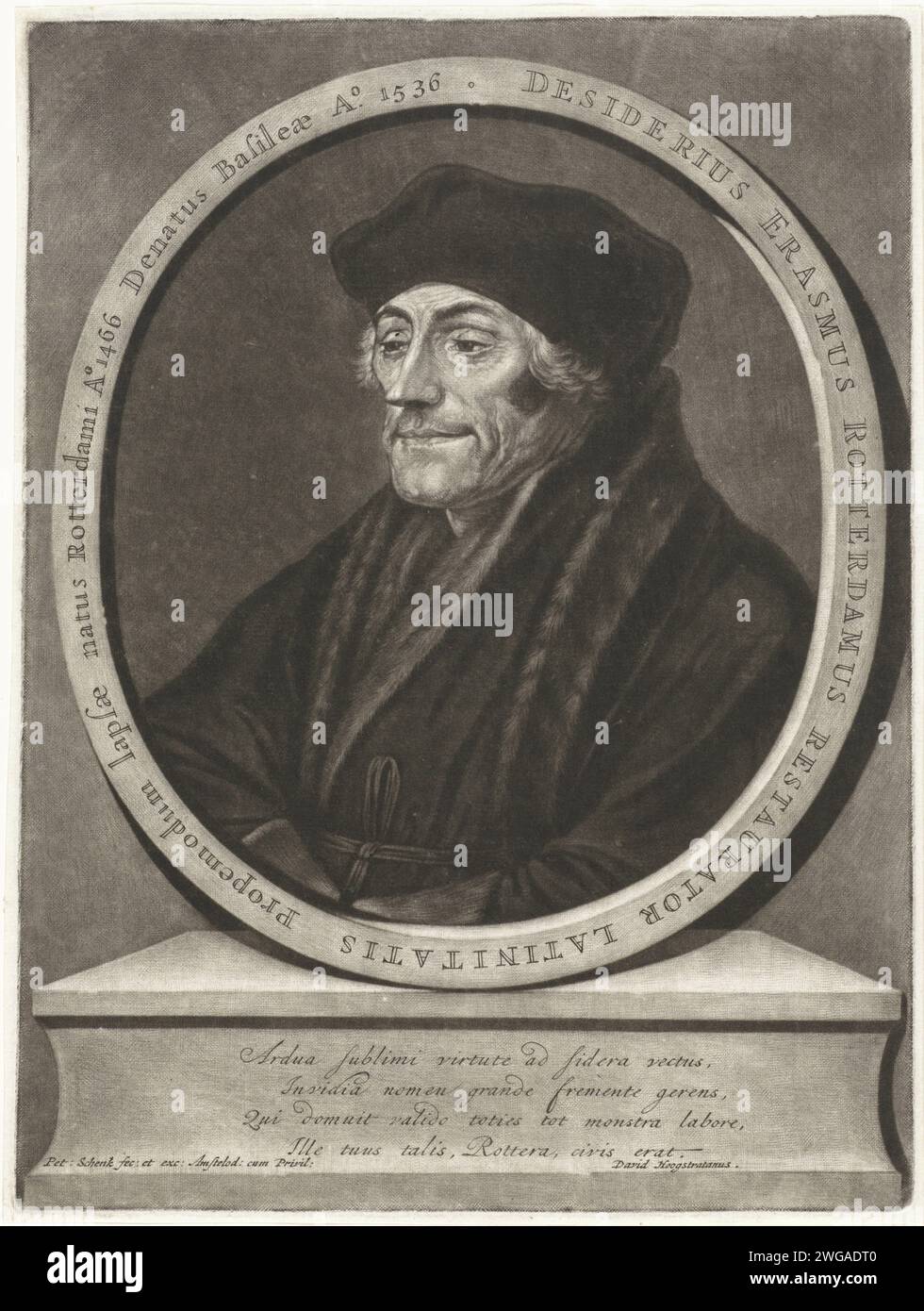 Portret van Desiderius Erasmus, Pieter Schenk (i), dopo Hans Holbein (II), 1670 - 1713 stampa Amsterdam paper Engraving Historical Persons Foto Stock