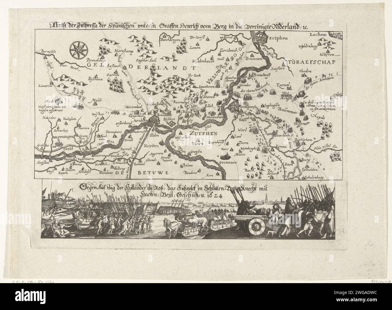 Inval of Hendrik van den Bergh in the Veluwe (copia), 1624, 1624 stampa RAID del conte Hendrik van den Bergh nel Veluwe in una parte di Gelderland e della contea di Zutphen e il successivo volo, 15-23 febbraio 1624. In cima all'area intorno ad Arnhem e Zutphen, in fondo all'accelerazione di soldati e civili intorno agli spagnoli per cacciare via. Con iscrizioni tedesche. Germania carta incidere battaglia, combattere in generale. Mappe di diversi paesi o regioni Veluwe. Arnhem. Zutphen Foto Stock