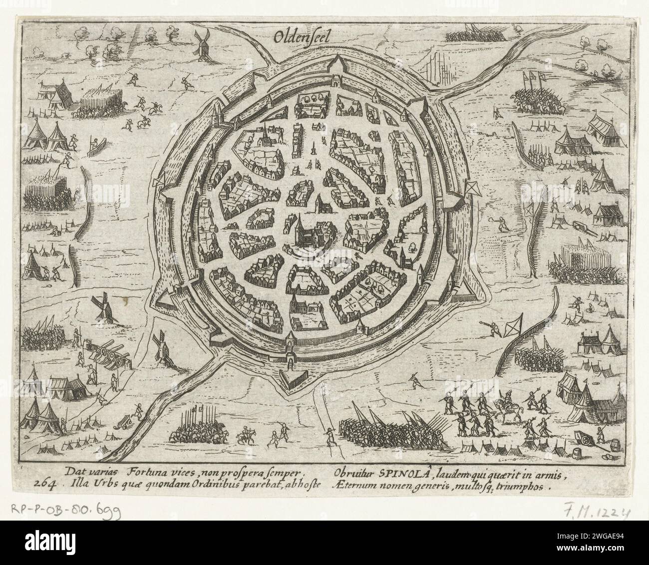 Oldenzaal conquistata da Spinola, 1605, 1613 - 1615 stampa conquista di Oldenzaal da Spinola, 10 agosto 1605. Pianta della città con gli assedianti nel paese circostante. Con didascalia di 4 righe in latino. Numero 264. Stampato sul retro con testo in latino. Mappe cartacee delle città dei Paesi Bassi settentrionali. Assedio, posizione guerra Oldenzaal Foto Stock