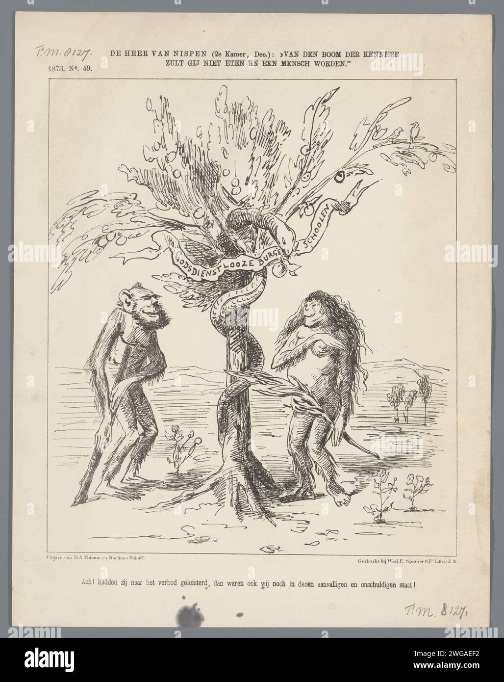 Cartone animato sul discorso di Van Nispen in cui si lamenta dell'educazione darwinista, 1873, 1873 stampa Cartoon on on the 3 December Reason by Van Nispen in cui si lamenta dell'educazione darwinista. Plaat è apparso al Weekblad De Nederlandsche Spectator, no 49, 1873. Tipografia: Netherlandsprinter: Netherlandspublisher: Arnhempublisher: The Hague paper Foto Stock