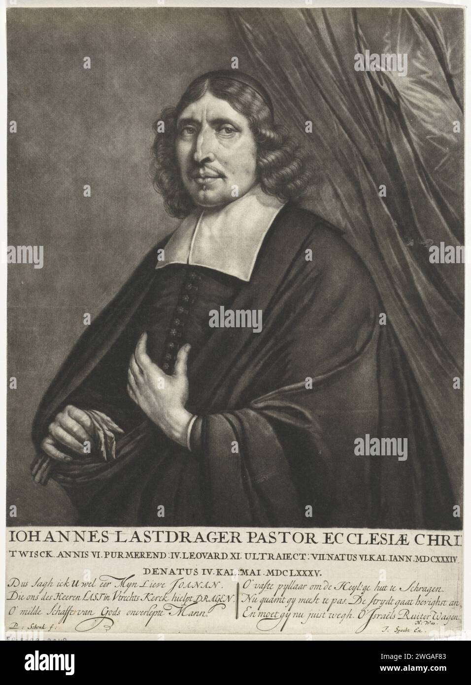 Ritratto del pastore Johannes Lastdrager, Pieter Schenk (i), 1685 - 1713 stampa Amsterdam incisione su carta Foto Stock