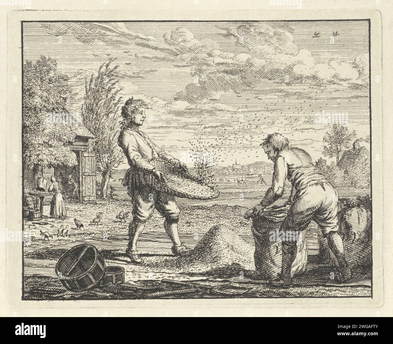 Divorzio da Kaf e Koren, Vincent Laurensz. Van der Vinne (II), stampa del 1758 in un paesaggio, due agricoltori stanno separando la pula dal grano. Sullo sfondo una donna e dei polli in un capanno. Carta Haarlem, acquaforte, cernita, selezione del materiale mediante setacciatura, vagliatura, vagliatura (+ processi agricoli). cereali, cereali, granturco (erba con grani, coltivata per uso alimentare, ad esempio frumento, riso, segala, avena, mais, grano saraceno, miglio). prodotti agricoli e sottoprodotti Foto Stock