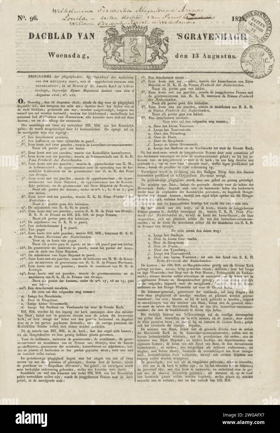 Dagblad van 's Gravenhage, 13 agosto 1828, P.E. Van Staden, 1828 foglio di testo Copia del Gravenhage di Dagblad van mercoledì 13 agosto 1828 con il programma della cerimonia battesimale della principessa Louise van Oranje-Nassau, prima figlia del principe Frederik di Oranje-Nassau, il 18 agosto. Doppia lamina piegata stampata su tutti e quattro i lati. In cima allo stemma della città dell'Aia. L'Aia carta tipografica stampa l'Aia Foto Stock