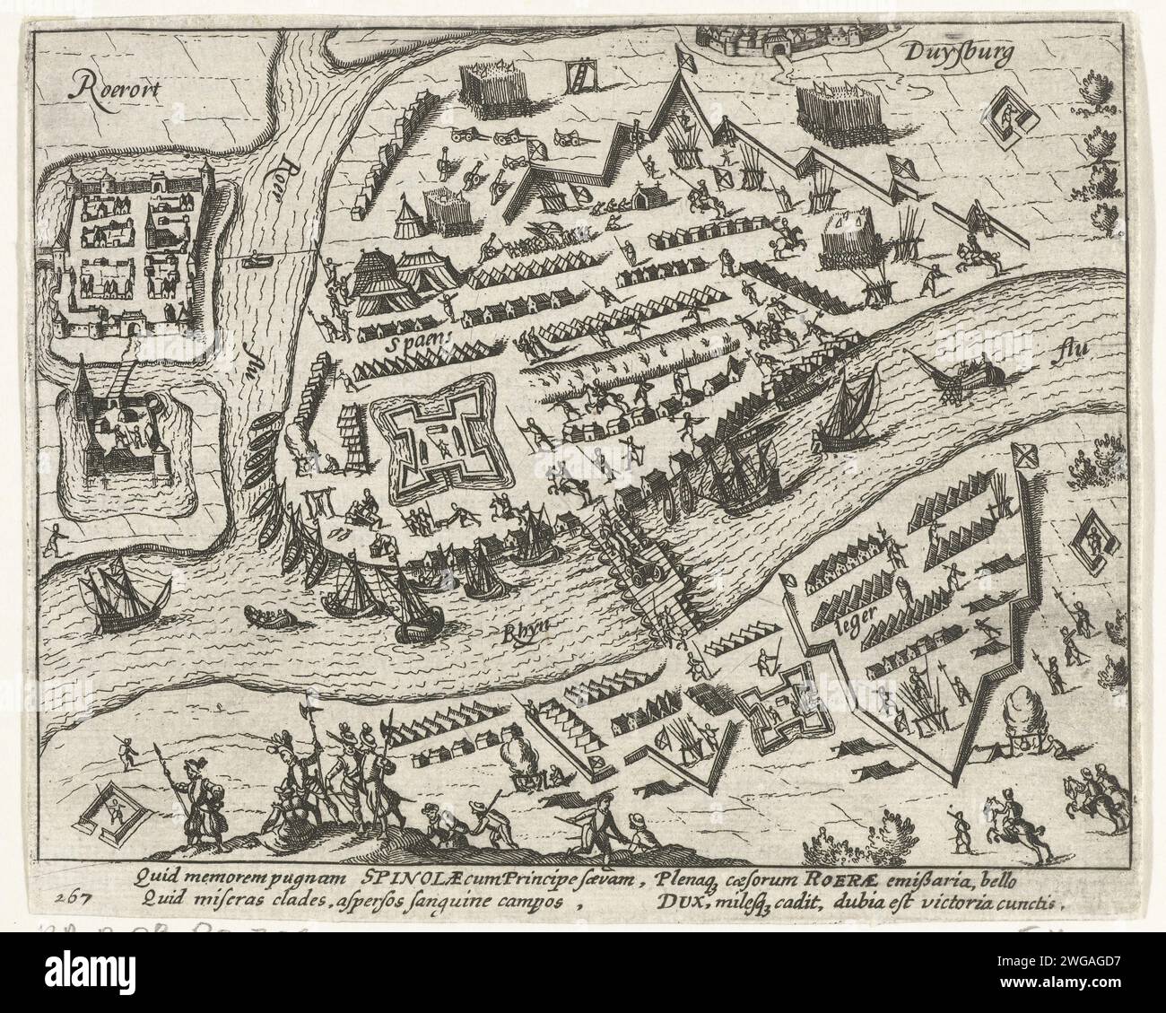 Campo dell'esercito di Spinola per Ruhrort, 1605, 1613 - 1615 stampa campo dell'esercito di Spinola tra Ruhrort e Duisburg, 1605. Con didascalia di 4 righe in latino. Numero 267. Stampato sul retro con testo in latino. Campo di incisione della carta (militare) dei Paesi Bassi settentrionali con tende Ruhrort. Duisburg Foto Stock