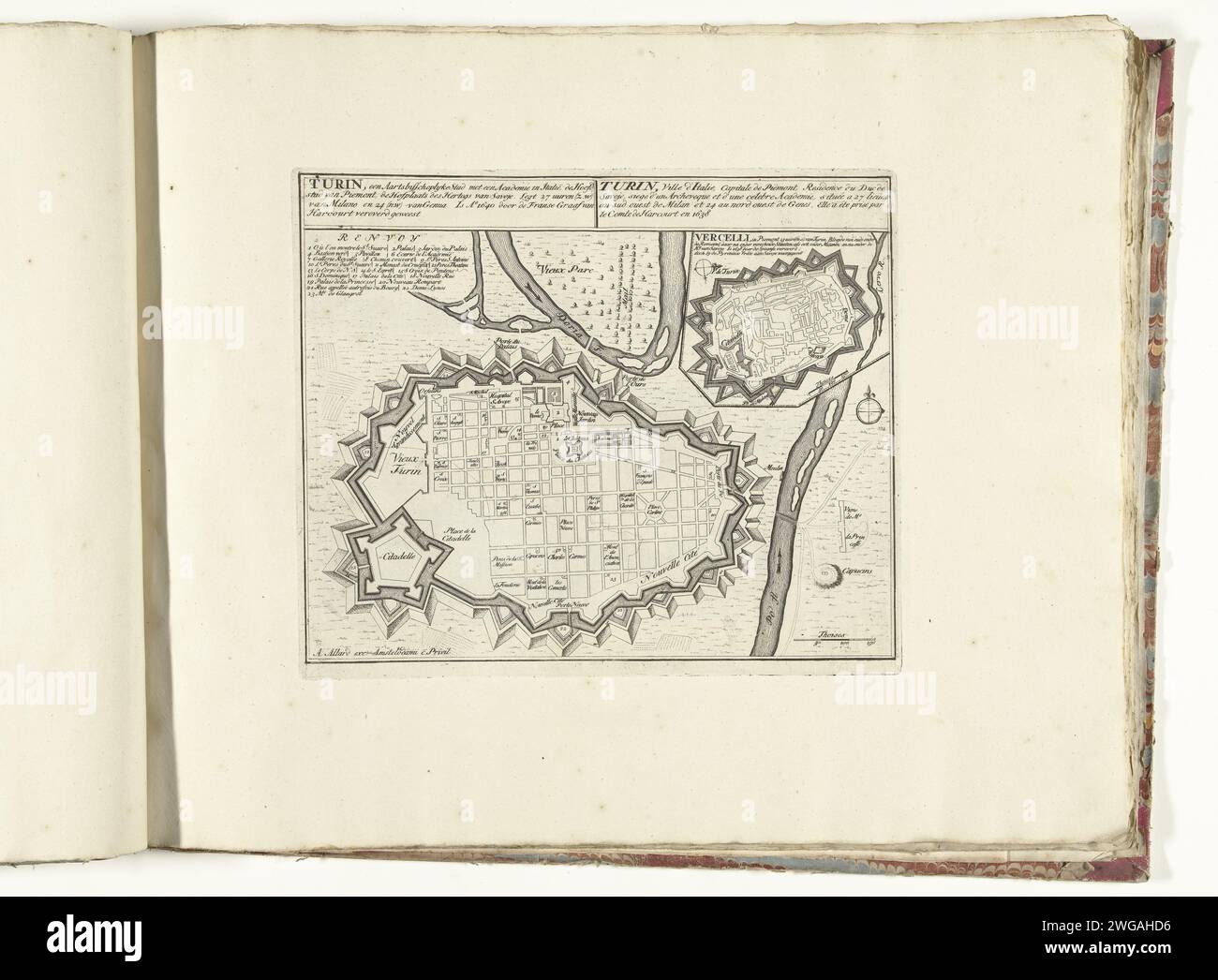 Mappa di Torino, ca. 1701-1713, 1701 - 1714 Stampa mappa di Torino. Parte della serie di 49 placche di famose città e fortezze forti durante la guerra di successione spagnola, ca. 1701-1713. Con i titoli in olandese e francese. Tipografia: Amsterdamprint maker: Amsterdamafter stampa di: Francepublisher: Amsterdampublisher: Leiden cartaceo che incide le mappe delle città di Torino Foto Stock