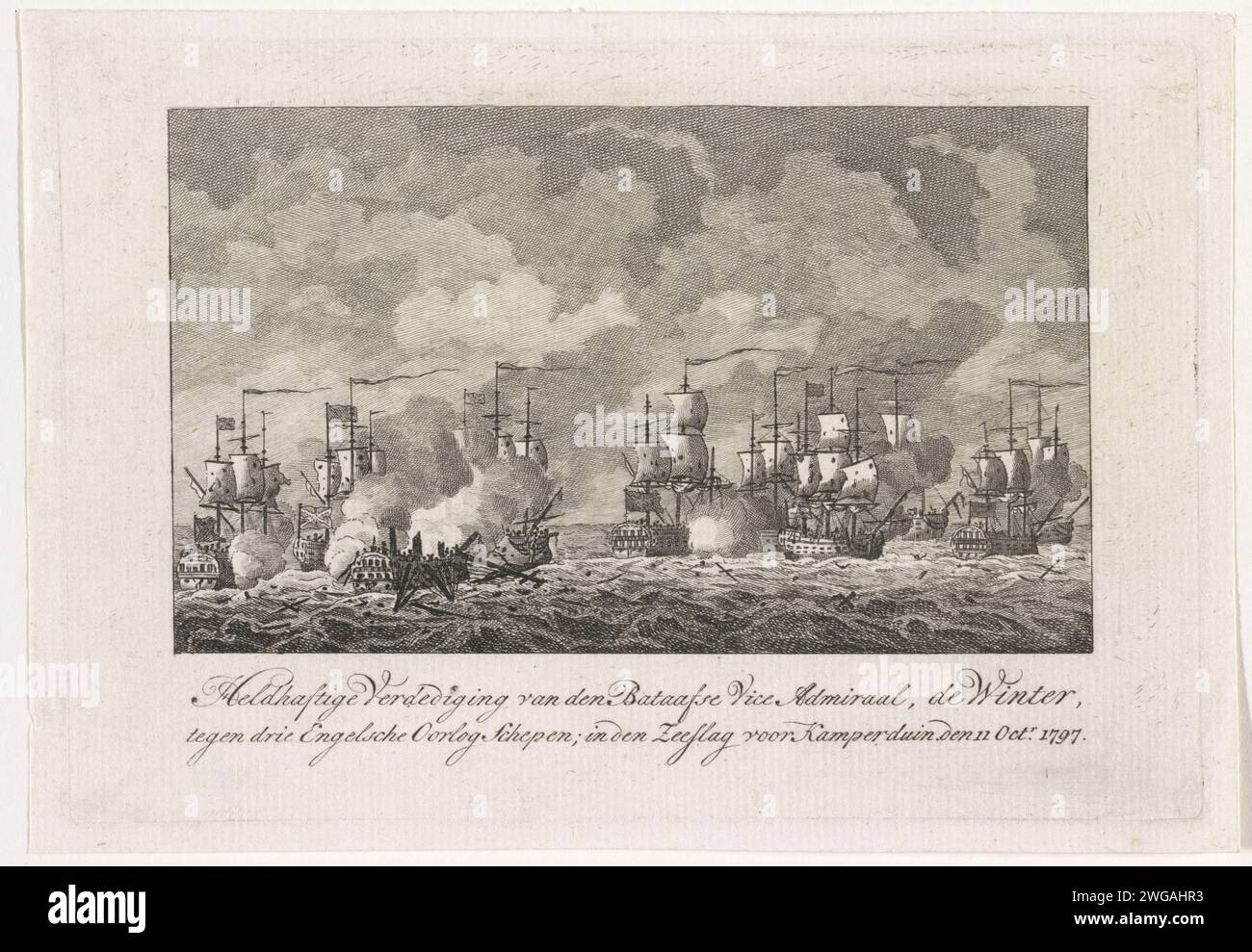 Battaglia marittima a Kamperduin, 1797, Anonimo, 1797 - 1798 stampare la battaglia marittima a Kamperduin l'11 ottobre 1797 tra la flotta batava al comando del viceammiraglio Jan Willem de Winter e una flotta britannica al comando di Adam Duncan. In primo piano la nave senza padrone la libertà dell'inverno. Battaglia per incisioni/incisioni su carta olandese (+ forza navale). Battaglia di Camperdown Kamperduin Foto Stock