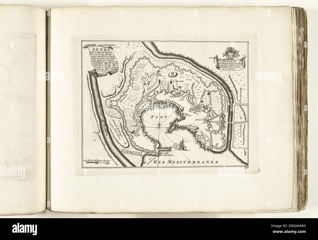 Mappa di Genova, ca. 1702, 1702 - 1703 Stampa Mappa dei rinforzi intorno alla città italiana di Genova. Targa n.. 191 nell'opera stampata costituita da un totale di 276 tavole numerate di rinomate città e fortezze forti nel contesto della guerra di successione spagnola. Per la maggior parte questi documenti sono stati copiati negli anonimi documenti francesi: In Les Forces de l'Europe e in: Le Theater de la Guerre, Dans Les Pays-Bas, entrambi originariamente pubblicati da Nicolas de Fer a Parigi (1693-1697) nel quadro della guerra di nove anni. Titolo e iscrizioni nell'album in francese. Stampatore: Norther Foto Stock