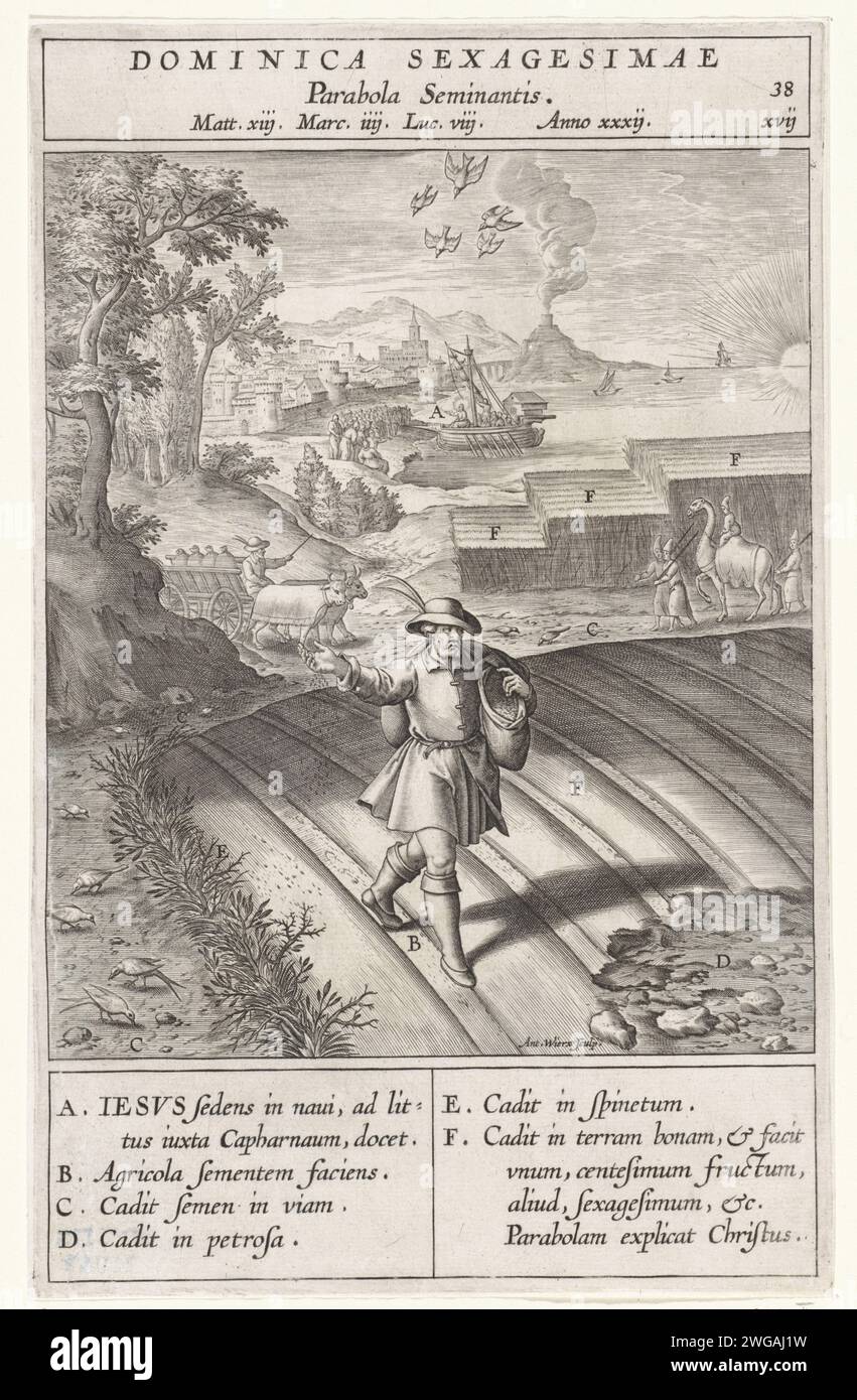 Parabola di De Zaaier, Antonie Wierix (II), dopo Bernardino Passeri, 1593 stampa Un uomo disperde seme nel suo campo. Il seme che cade sulla strada viene mangiato dagli uccelli. Un'altra parte non trova una buona terra sulle pietre. Una terza parte cade tra i cespugli di spina ed è soffocata. Solo il seme nel campo finisce su un terreno buono. I vari elementi delle prestazioni sono lettere che corrispondono alla legenda nel margine. Carta di Anversa incisione del seminatore  parabola di Cristo (Matteo 13:3-9; Marco 4:3-9; Luca 8:5-8) Foto Stock