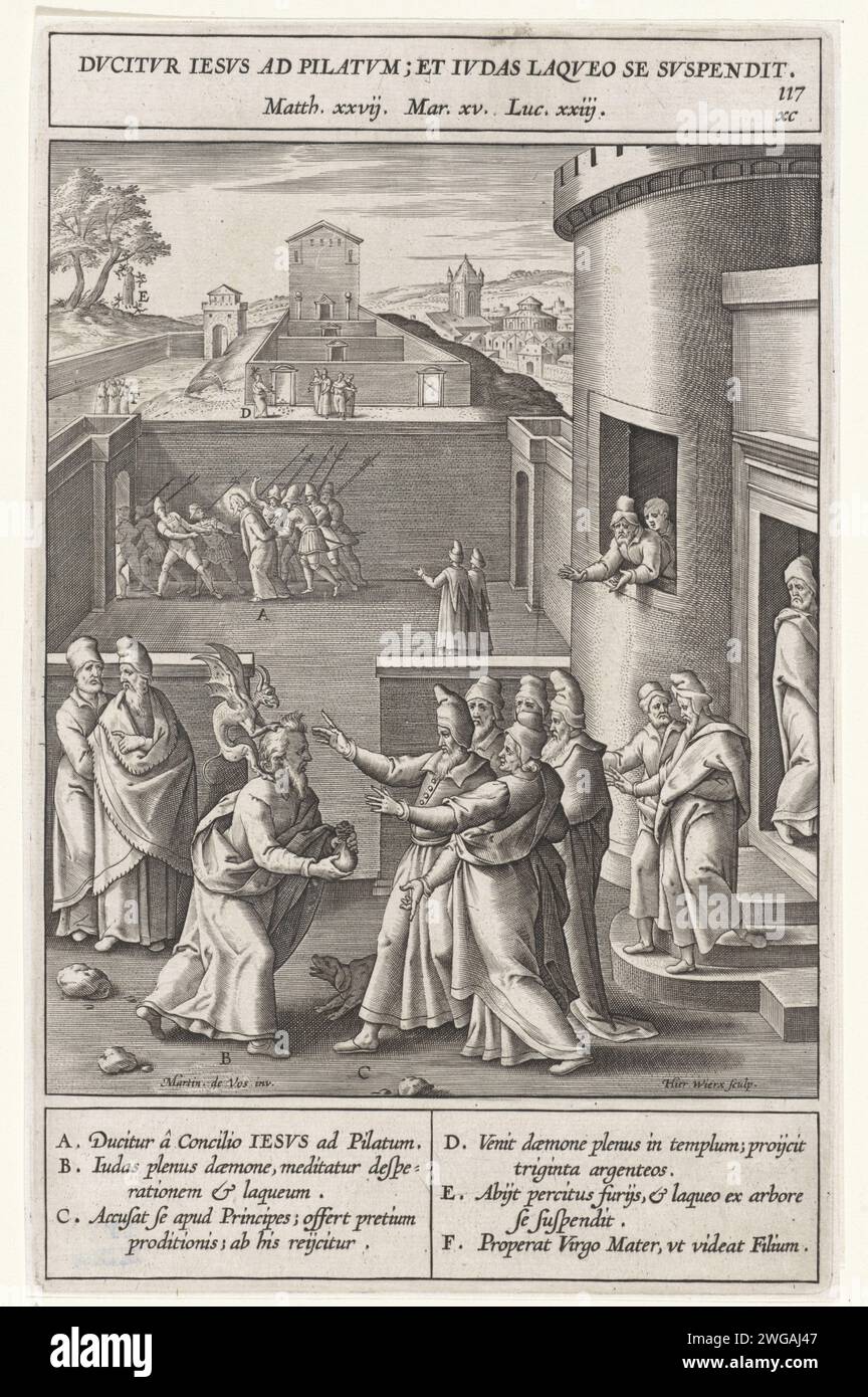 Pentimento di Giuda, Hieronymus Wierix, dopo Maerten de Vos, 1593 stampa Giuda ottiene pentimento dopo aver visto che Cristo è stato condannato a morte. Riporta i trenta pezzi d'argento ai sommi sacerdoti e agli anziani. Tuttavia, lo mandano via di nuovo. Sullo sfondo potete vedere come Cristo viene consegnato a Pilato al mattino. I vari elementi delle prestazioni sono lettere che corrispondono alla legenda nel margine. Carta di Anversa che incide Giuda prima del Sinedrio restituendo i pezzi d'argento; getta i soldi a terra. Cristo portato da un giudice all'altro Foto Stock