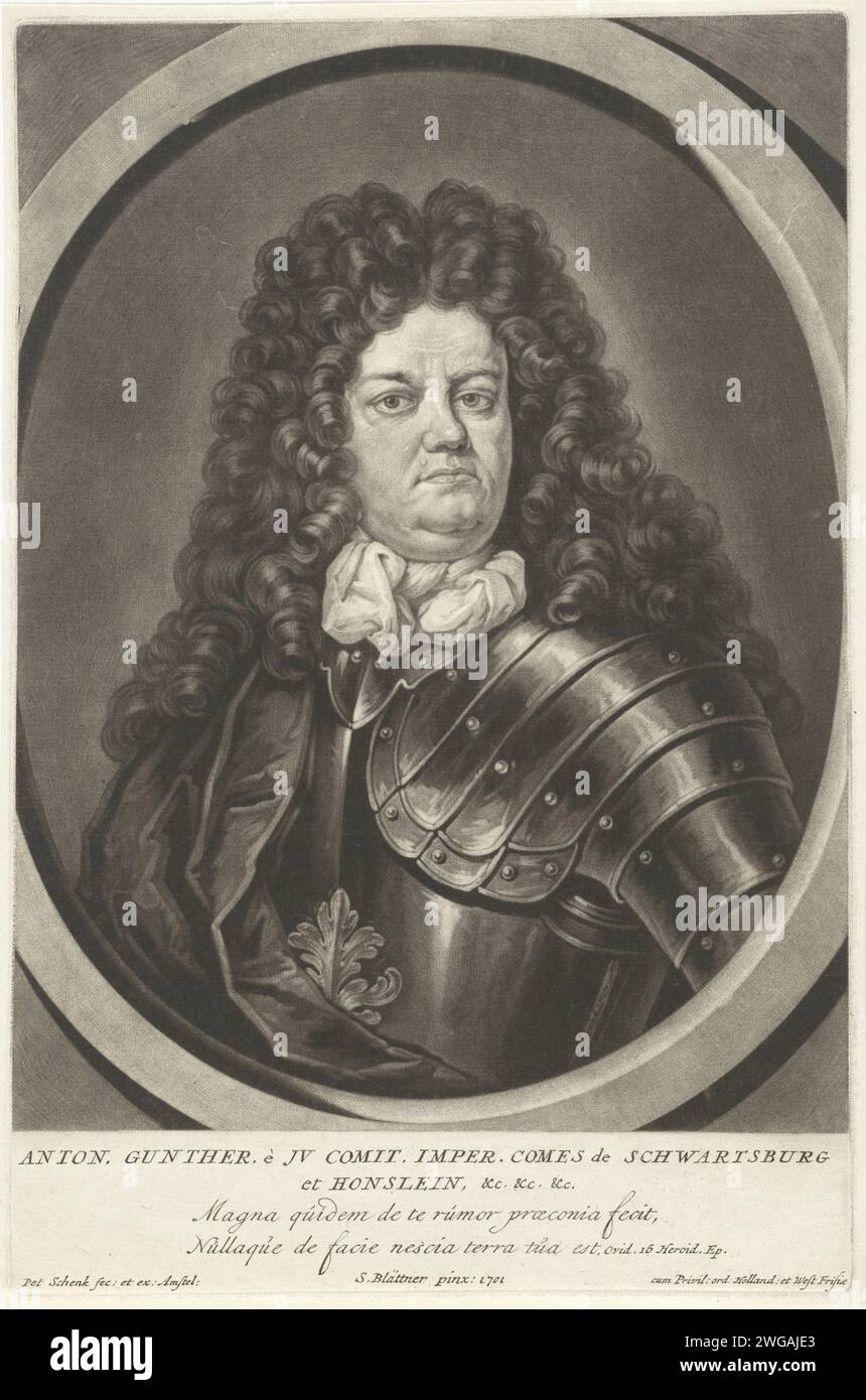 Ritratto di Anton Gunther, duca di Schwartzberg, Pieter Schenk (i), dopo Samuel Blättner (i), 1701 - 1713 stampa Amsterdam carta incisione armatura. parrucca Foto Stock
