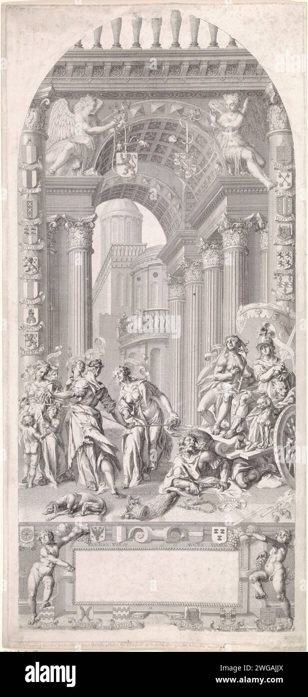 Vetrata 1 nel Sint-Janskerk di Gouda: La libertà di coscienza trionfa sulla tirannia, Pieter Tanjé, dopo Giulio Cesare Boëthius, dopo Joachim Wtewael, dopo Adriaan Gerritsz. De Vrije, 1738 - 1754 stampare la vetrata nel Sint-Janskerk di Gouda con lo spettacolo: La libertà di coscienza trionfa sulla tirannia. Su un carro, il governo olandese è nella forma di Minerva e libertà di coscienza. Guidano oltre la tirannia. Il carro è disegnato dalle personificazioni di fermezza, amore, unità, giustizia e lealtà. Lo spettacolo è circondato dalle armi di citi Foto Stock