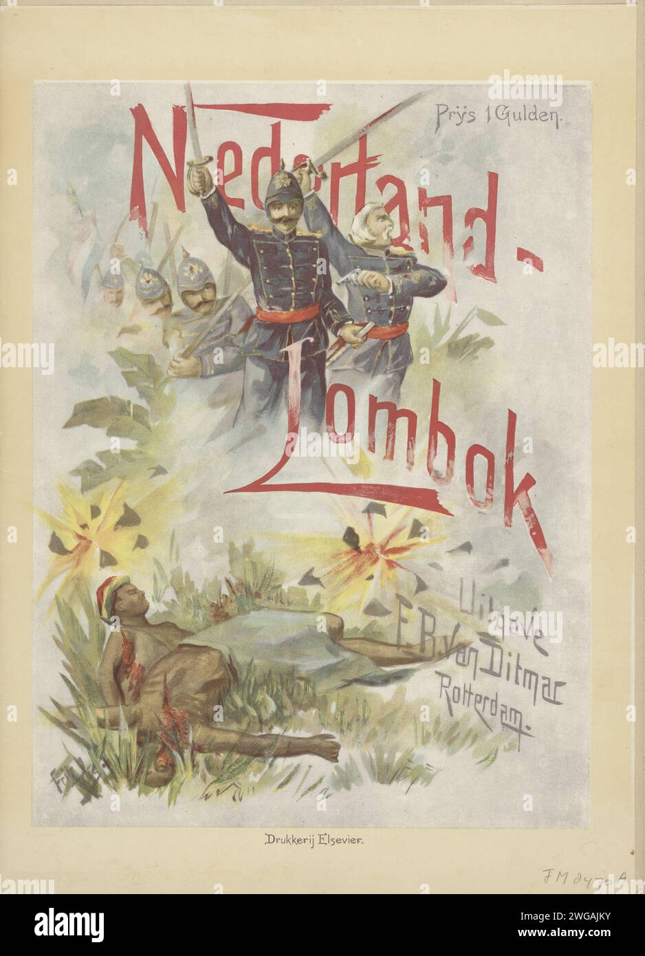 Nederland-Lombok, stampa del 1894. Rivista che avanzava le truppe olandesi, i corpi degli indiani caduti sul terreno. Facciata della copertina di una rivista pubblicata in memoria della spedizione Lombok dell'agosto 1894 e dei soldati caduti. Copertina di una rivista composta da dodici riviste con testi e illustrazioni, con una prefazione del vice-ammiraglio Jhr. Il Casembroot. Tipografia: Netherlandsprinter: Netherlandspublisher: Rotterdam cariche carta  Battle Lombok Foto Stock