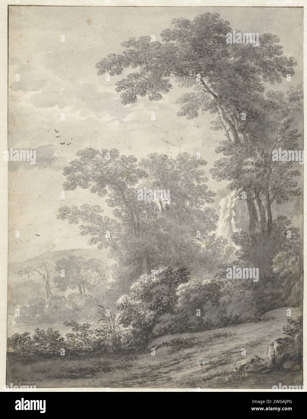Paesaggio montano con alberi vicino a un fiume, Jan van der Meer (II), c. 1700 - c. 1705 disegno paesaggio montano con un sentiero in primo piano. Carta di Haarlem. inchiostro. grafite (minerale). foresta di pennelli di gesso, legno Foto Stock