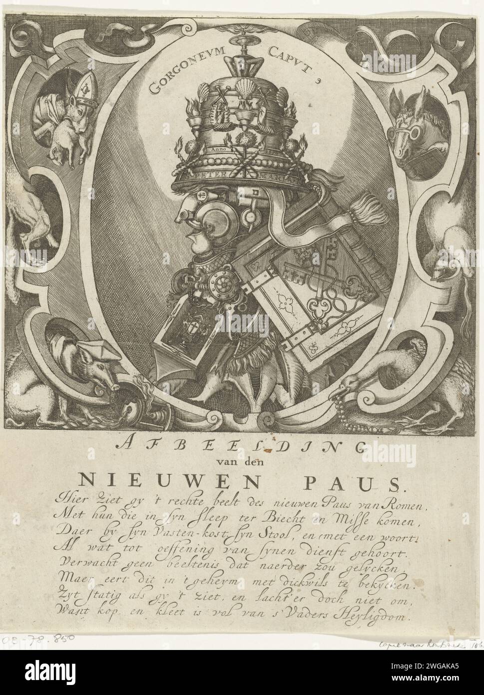 Ritratto grottesco del nuovo papa, 1670 stampa ritratto grottesco del nuovo papa. Capo del Papa sulla via dell'Arcimboldo, composto da ogni genere di oggetti legati alla Chiesa cattolica. Fatto in risposta all'elezione del nuovo Papa Clemente X nel 1670. Nell'opera che gira intorno al ritratto un lupo con una pecora in bocca, un maiale con una canna di cavallette, un asino da lettura con occhiali e un'oca con e rosario. Con didascalia di 8 righe in olandese. Riforma dell'incisione cartacea dei paesi bassi (Chiesa cattolica romana contro protestantesimo). pope Foto Stock