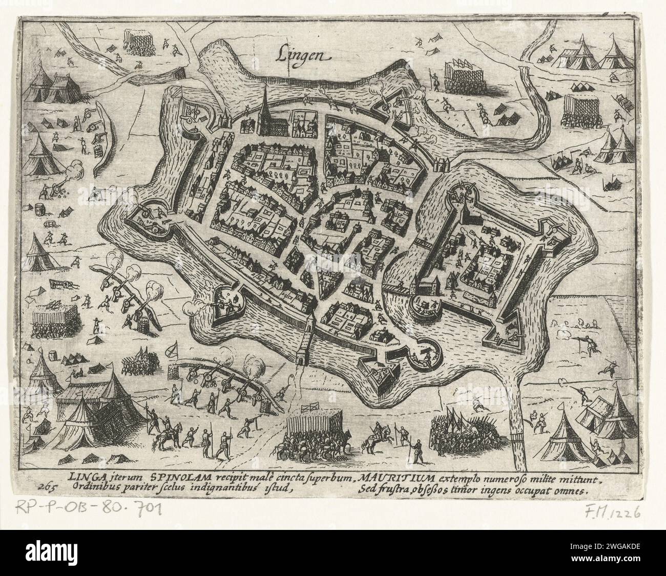 Lingen preso da Spinola, 1605, 1613 - 1615 stampa conquista di Lingen da Spinola, 21 agosto 1605. Pianta della città con gli assedianti nel paese circostante. Con didascalia di 4 righe in latino. Numero 265. Stampato sul retro con testo in latino. Mappe cartacee delle città dei Paesi Bassi settentrionali. Assedio, posizione guerra Lingen Foto Stock