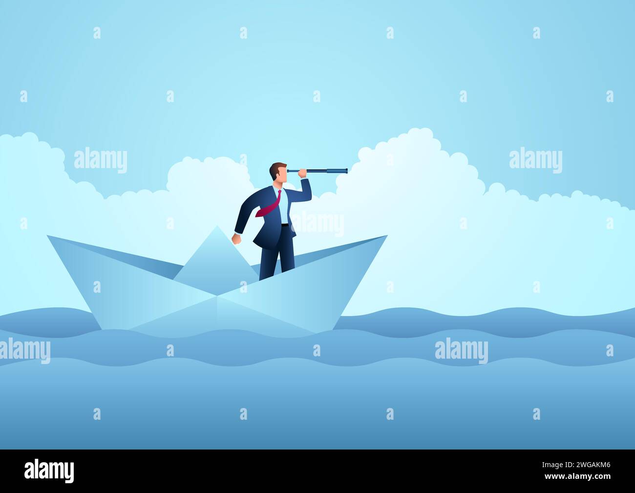 Concetto aziendale di uomo d'affari che utilizza il telescopio su un'imbarcazione di carta, illustrazione vettoriale Illustrazione Vettoriale