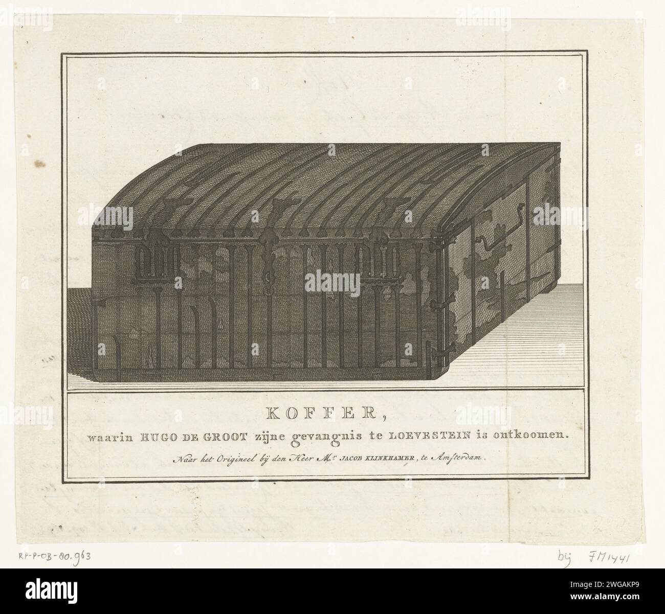 La scatola del libro in cui Hugo de Groot fuggì da Loevestein nel 1621, 1783, 1783 - 1784 stampò la scatola del libro in cui Hugo de Groot fuggì da Loevestein slot il 22 marzo 1621. Immagine della scatola con coperchio chiuso, nel 1783 in possesso di Jacob Klinkhamer ad Amsterdam. Descritto sul retro con la penna. Tronco per incisione carta olandese, astuccio Foto Stock