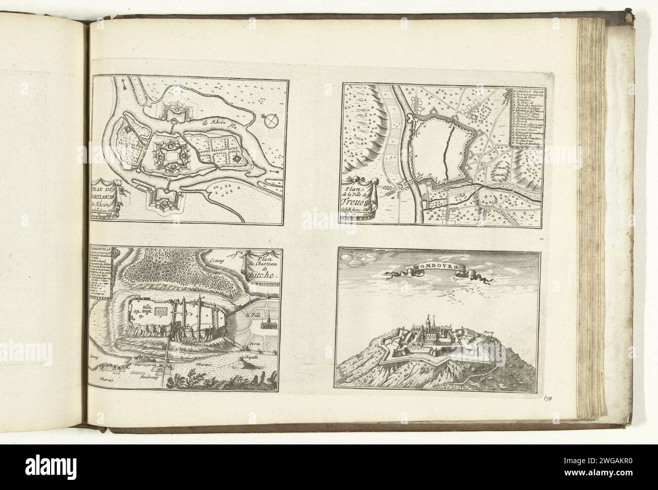 Mappe di Fort Louis, Treviri, Biche e Homburg, 1726, 1726 fogli stampati con due planimetrie dei rinforzi e due facce di Fort Louis, Treviri, Biche e Homburg. Targa n.. 178 nella parte VIII dell'opera stampata: Les Forces de l'Europe, Asie, Afrique et Amerique ... Comme Aussi Les Cartes des Côtes de France et d'Espagne dal 1726, questa prima parte con 238 carte numerate a mano di rinomate città e fortezze forti nel contesto della guerra di successione spagnola 1701-1713. Per la maggior parte, questi documenti sono stati copiati negli anonimi documenti francesi di rinomate città e forze forti Foto Stock