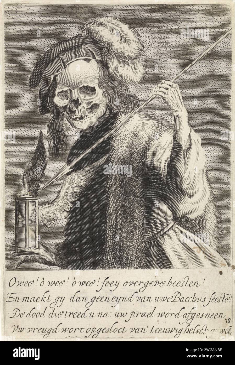 Morte con freccia e clessidra, Jan van de Velde (II), 1633 stampa morte con una clessidra alata e una freccia. Ultima stampa di una serie di diciotto. Amsterdam carta incisione / incisione morte come scheletro. clessidra (+ variante). armi di archer: arrow Foto Stock