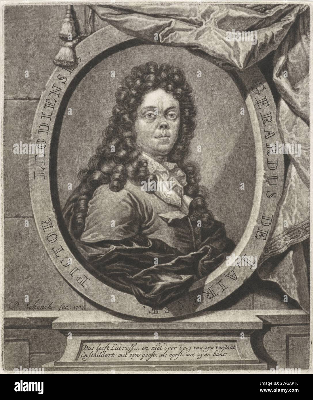 Ritratto del tipografo e pittore Gerard de Lairesse, Pieter Schenk (i), 1707 stampa Amsterdam carta incisione ritratto, autoritratto del pittore. parrucca Foto Stock