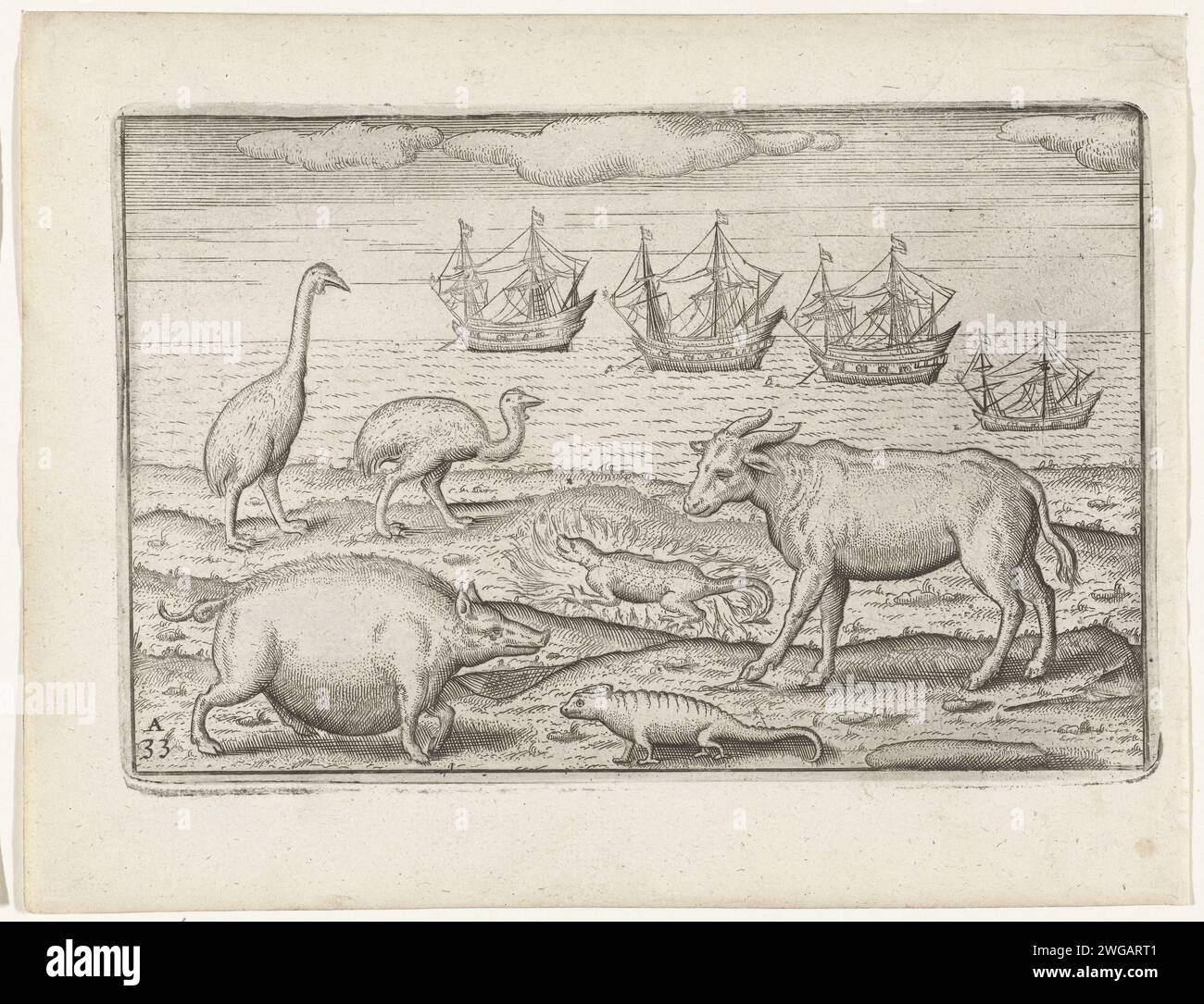 Animals from Java, 1596, 1646 print Animals from Java, 1596. Kasuaris, Salamandra e altri animali. Sullo sfondo le quattro navi della spedizione. Stampare le lastre lavorate per le illustrazioni originali nel diario di viaggio del primo Schipvaert da Cornelis de Houtman alle Indie Orientali nel 1595-1597. N. 33a. Esplorazione, spedizione, viaggio di scoperta, incisione/incisione della carta dei Paesi Bassi del Nord. paesaggi nelle regioni tropicali e subtropicali. Animali Java Foto Stock