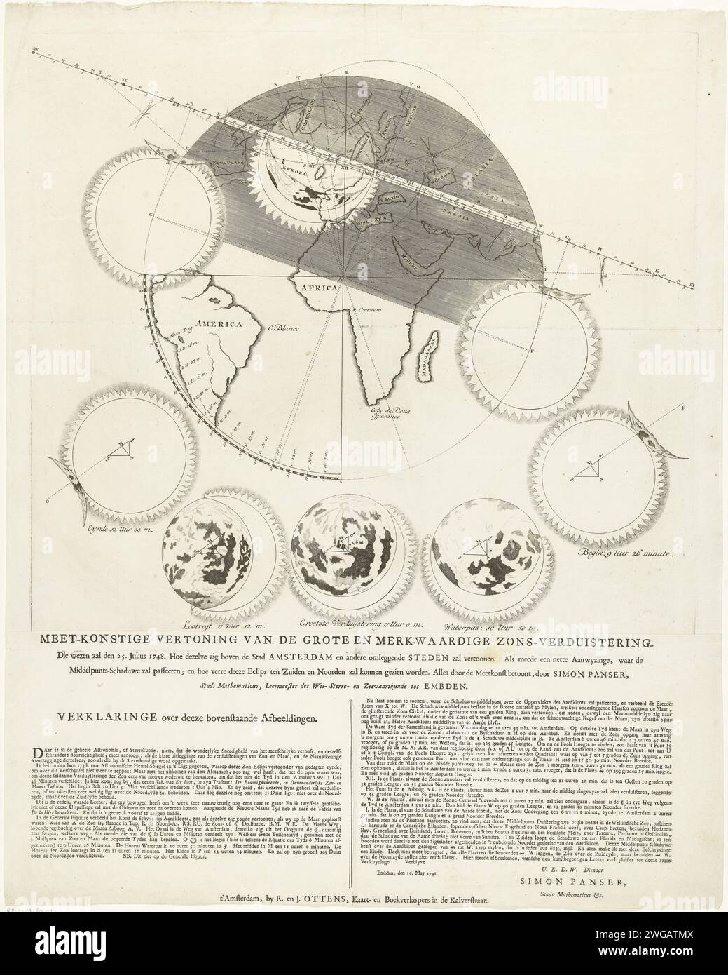 Eclissi solare del 25 luglio 1748, 1748 stampa rappresentazione astronomica di come l'eclissi solare incompleta del 25 luglio 1748 ad Amsterdam e nei luoghi circostanti sarà percepibile e come proietterà un'ombra nell'emisfero settentrionale della terra. Con diverse fasi dell'eclissi. Sotto il piatto, un foglio di testo con il titolo e una dichiarazione dello spettacolo in due colonne di Simon Panser. Tipografia: Olanda settentrionale disegno di: EmdenEmdenpublisher: Amsterdam paper etching / letterpress Printing Solar eclipse Foto Stock