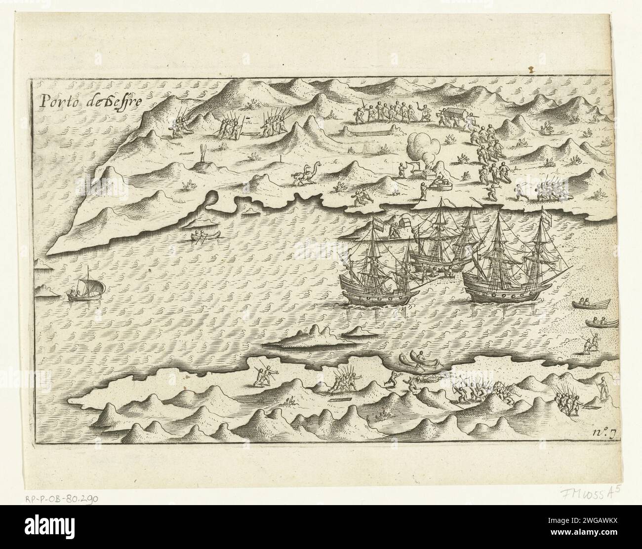 Arrivo a Porto Desire, 1599, 1646 Stampa arrivo delle tre navi a Porto Deseado (Puerto Deseado), 20 settembre 1599. Sulla terra, combattuto con gli abitanti originari del Sud America e un membro defunto dell'equipaggio è sepolto. Parte delle illustrazioni nel rapporto del viaggio intorno al mondo di Olivier van Noort nel 1598-1601. No. 7. Esplorazione, spedizione, viaggio di scoperta, incisione/incisione della carta dei Paesi Bassi del Nord. Paesaggi nelle regioni tropicali e subtropicali Argentinië desiderato, porto Foto Stock