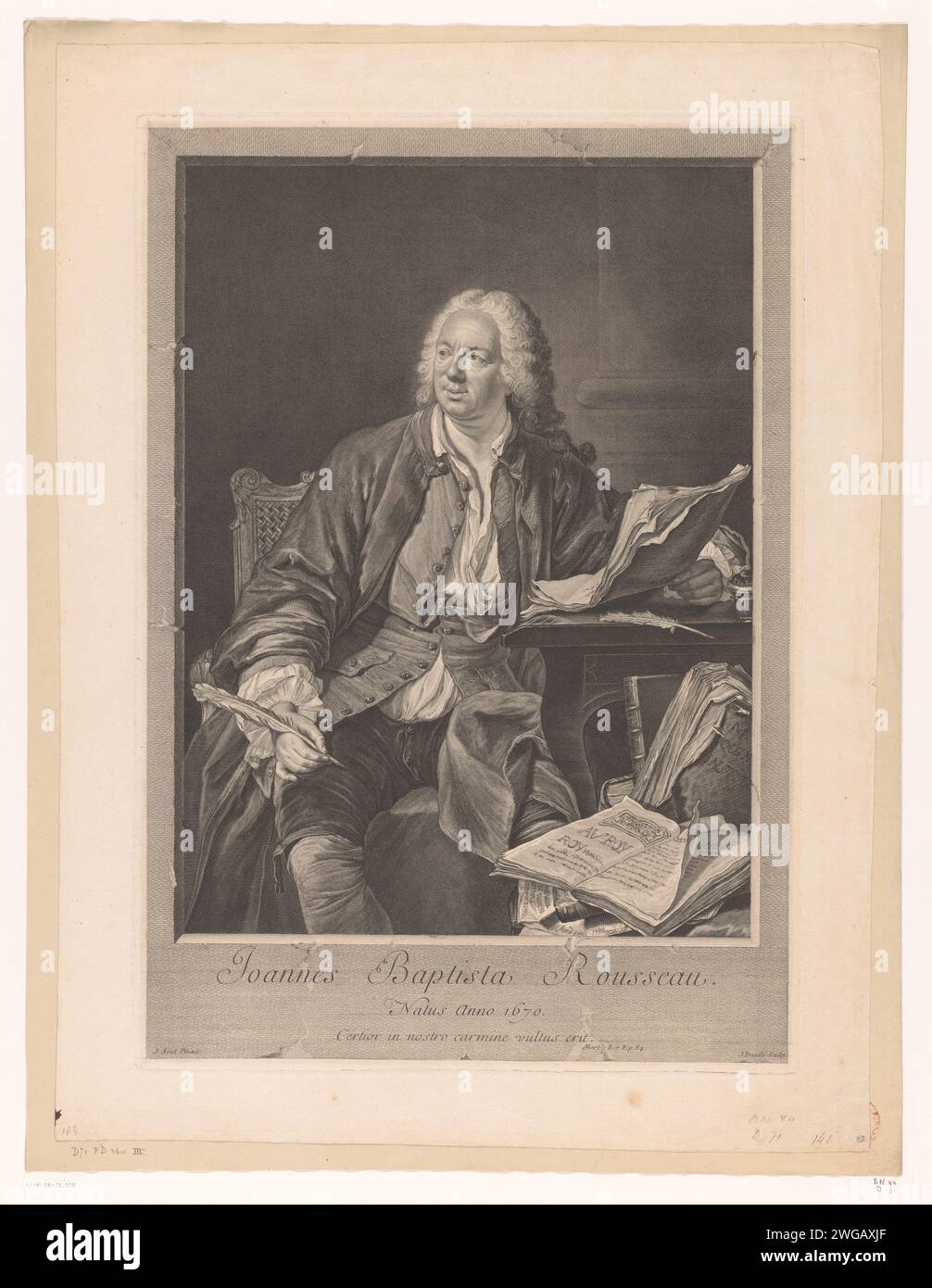 Portret van Jean-Baptiste Rousseau, Jean Daullé, dopo Jacques-André-Joseph aved, 1740 persone storiche incise/incise su carta stampata. ritratto di uno scrittore. scrivania, scrivania Foto Stock