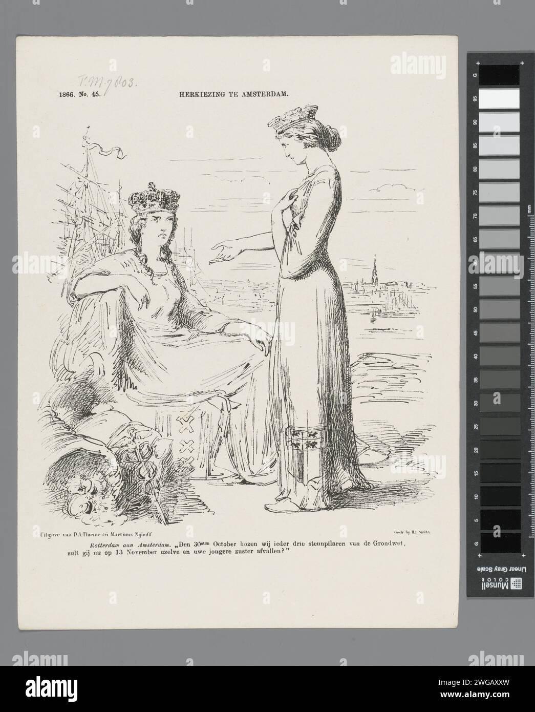 Cartoni animati sulla richiesta di riselezione dei rappresentanti liberali, 1866, 1866 stampa Cartoon sulla richiesta di riselezione dei rappresentanti liberali. La Vergine della città di Rotterdam invita la Vergine della città di Amsterdam a ririlasciare i tre deputati liberali. Plaat è apparso al Weekblad De Nederlandsche Spectator, no 45, 10 novembre 1866. Tipografia: Netherlandsprinter: Netherlandspublisher: Arnhempublisher: The Hague carta personificazione di una città, patrono della città (ess) Amsterdam. Rotterdam Foto Stock