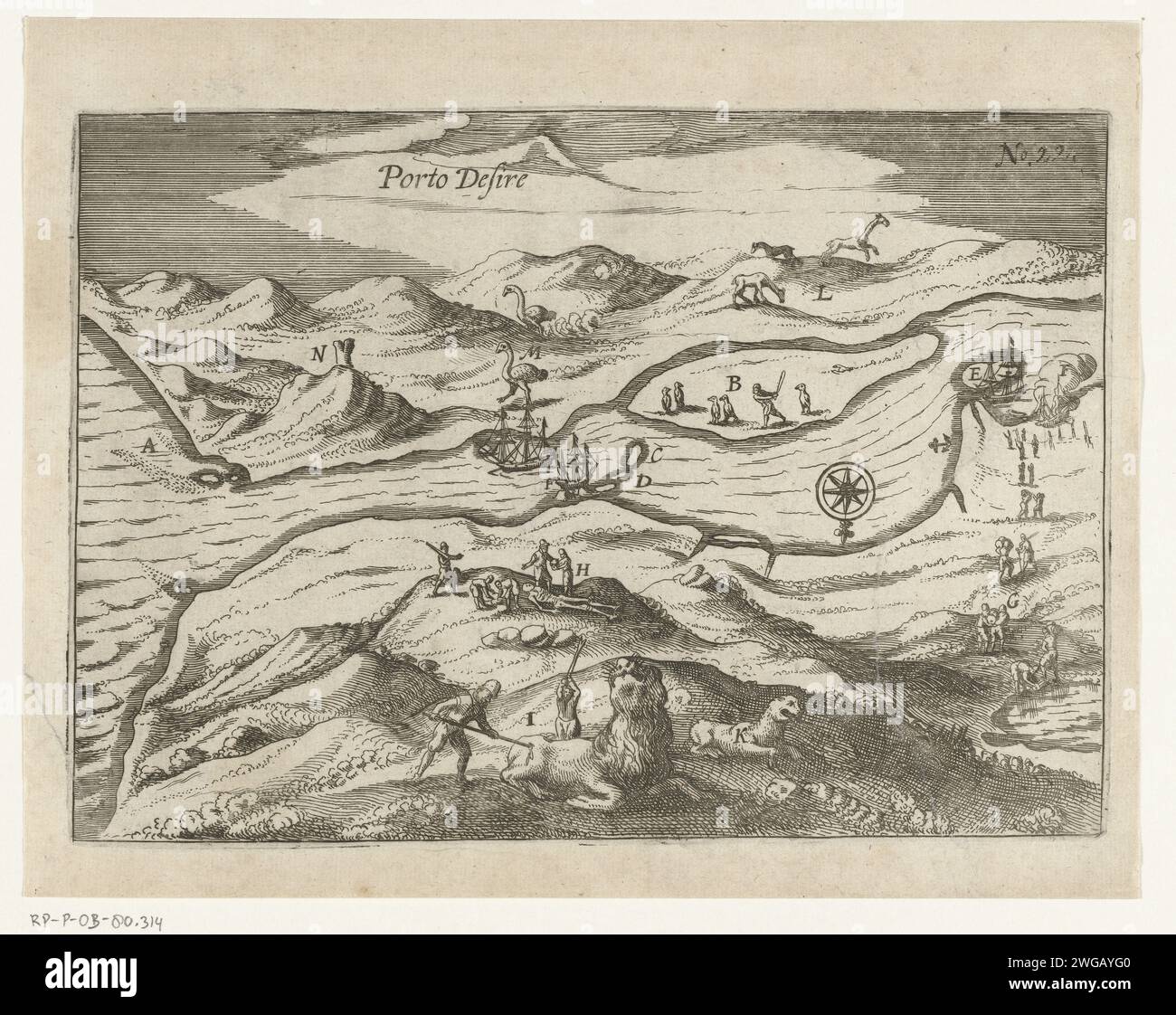 Adventures on the Land at Porto Desire, 1615, 1646 stampa Adventures on the Land at Porto Desire (Puerto Deseado), dicembre 1615. Caccia a leoni marini, struzzi e pinguini, ricerca di acqua dolce e ritrovamento di tombe. Parte delle illustrazioni del Navigatien australiano di Jacob le Maire incluse nel rapporto del viaggio di Joris van Spilbergen intorno al mondo, 1614-1617, n. 22. Esplorazione, spedizione, viaggio di scoperta della carta dei Paesi Bassi del Nord. paesaggi nelle regioni polari. Caccia, inseguimento Argentinië desiderato, porto Foto Stock