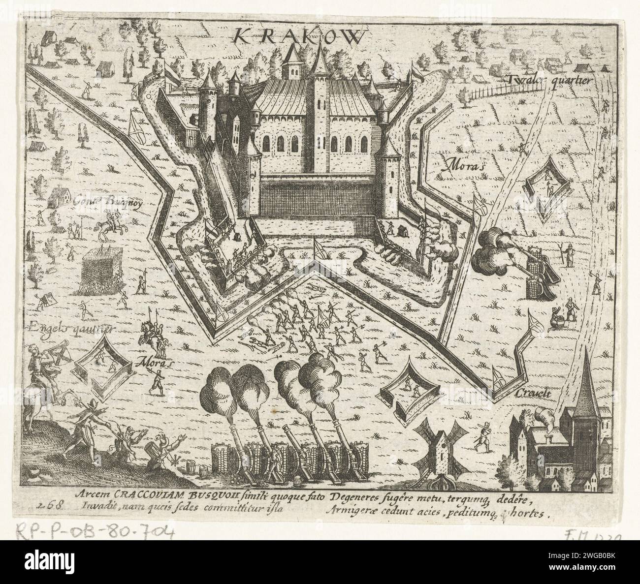Castello di Cracovia preso, 1605, 1613 - 1615 stampa Castello di Cracovia (Castello di Cracovia) assediato da Krefeld (dal 4 novembre) e preso per Spinola dalle truppe sotto il conte di Bucquoy, il 7 novembre 1605. Il castello viene colpito dall'esercito spagnolo. Con didascalia di 4 righe in latino. Numero 268. Stampato sul retro con testo in latino. Carta dei Paesi Bassi del Nord, assedio, guerra di posizione. Cattura della città (dopo l'assedio) Castello di Cracovia Foto Stock