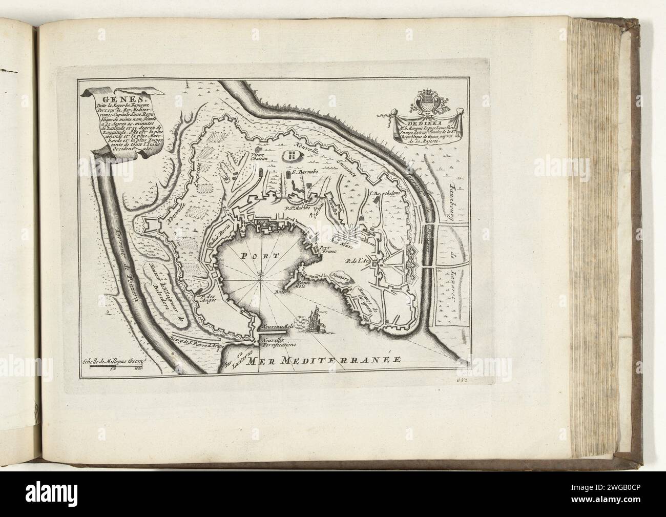 Mappa di Genova, 1726, 1726 Stampa Mappa dei rinforzi intorno alla città italiana di Genova. Targa n.. 382 in parte XVI dell'opera stampata: Les Forces de l'Europe, Asie, Afrique et Amerique ... Comme Aussi Les Cartes des Côtes de France et d'Espagne dal 1726, questa seconda parte con 271 carte numerate a mano di rinomate città e fortezze forti nel contesto della guerra di successione spagnola 1701-1713. Per la maggior parte, questi documenti sono stati copiati negli anonimi documenti francesi di famose città e forze forti: In Les Forces de l'Europe e in: Le Theater de la Guerre, Dans Les Pays- Foto Stock