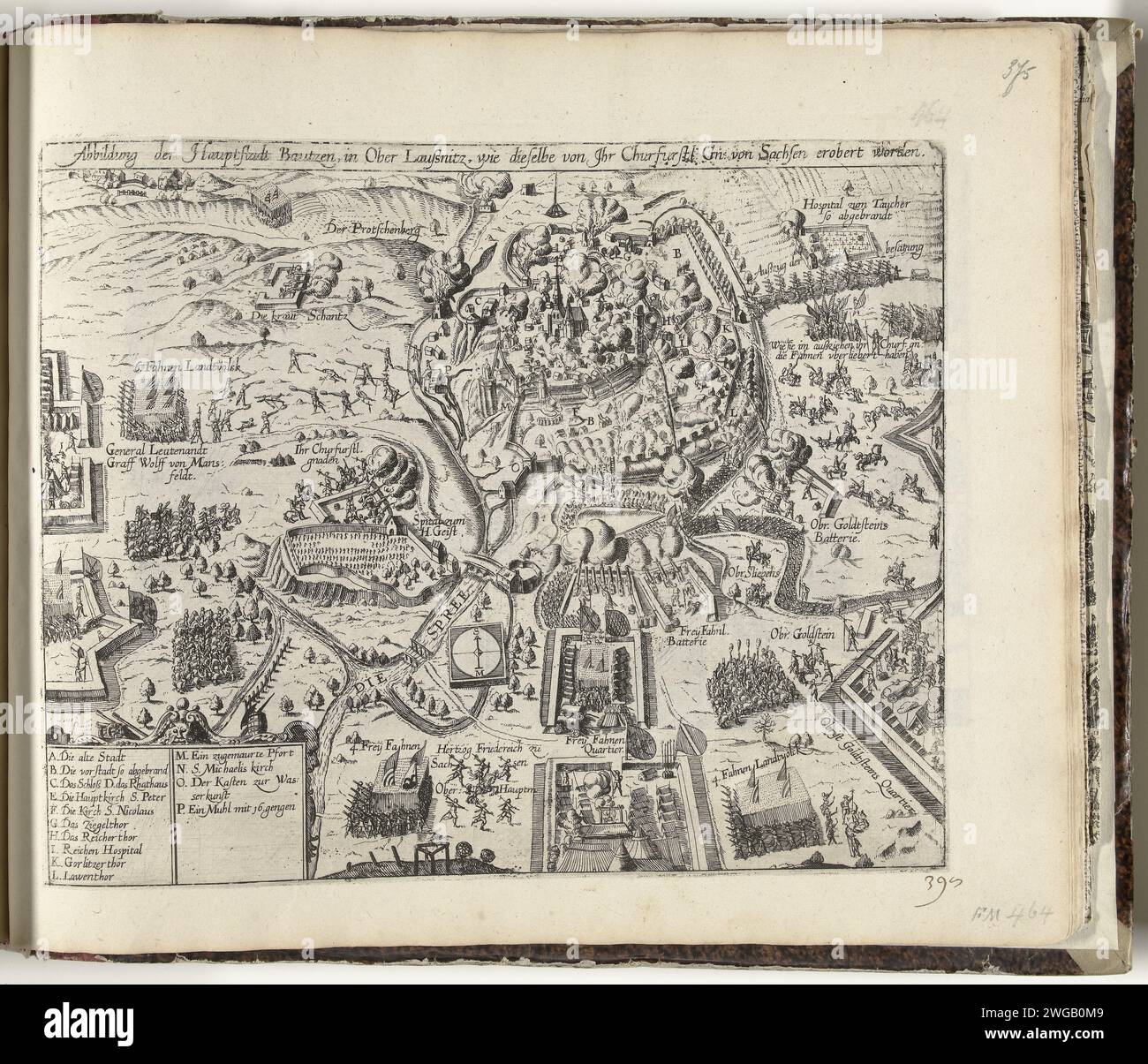 Assedio e conquista di Bautzen, 1620, 1620 - 1622 stampa assedio e conquista di Bautzen da parte dell'elettore di Saksen, dal 30 agosto al 25 settembre 1620. Senza didascalia, con legenda A-P in tedesco. In basso a destra con la penna numerata: 398. La stampa fa parte di un album. Carta di Colonia incide l'assedio, posizione guerra. Cattura della città (dopo l'assedio) di Bautzen Foto Stock