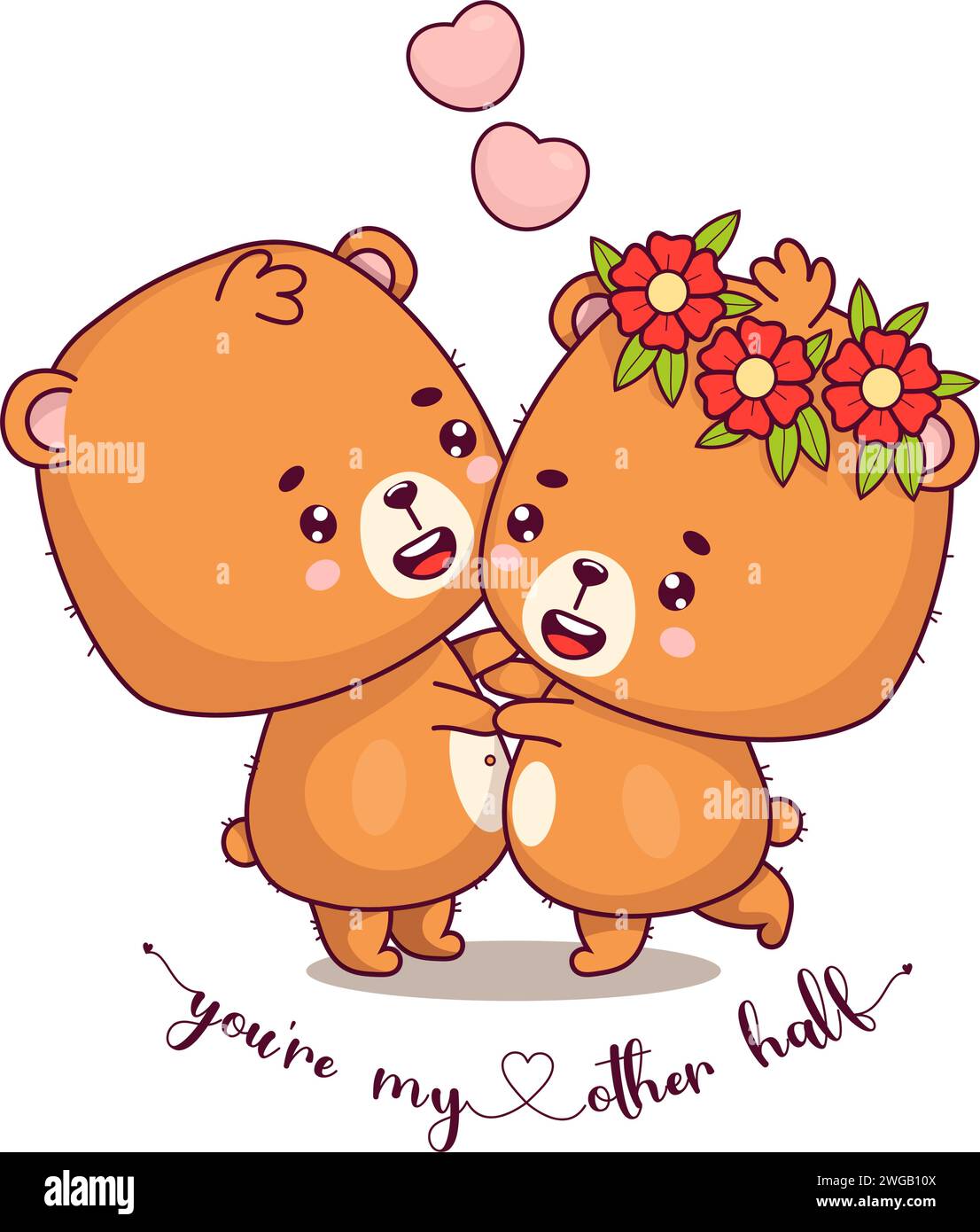 Gli orsi felici in amore. Coppia romantica orso e orsacchiotto con corona di fiori. Simpatici personaggi kawaii degli animali. Tessera di san valentino con amore Illustrazione Vettoriale