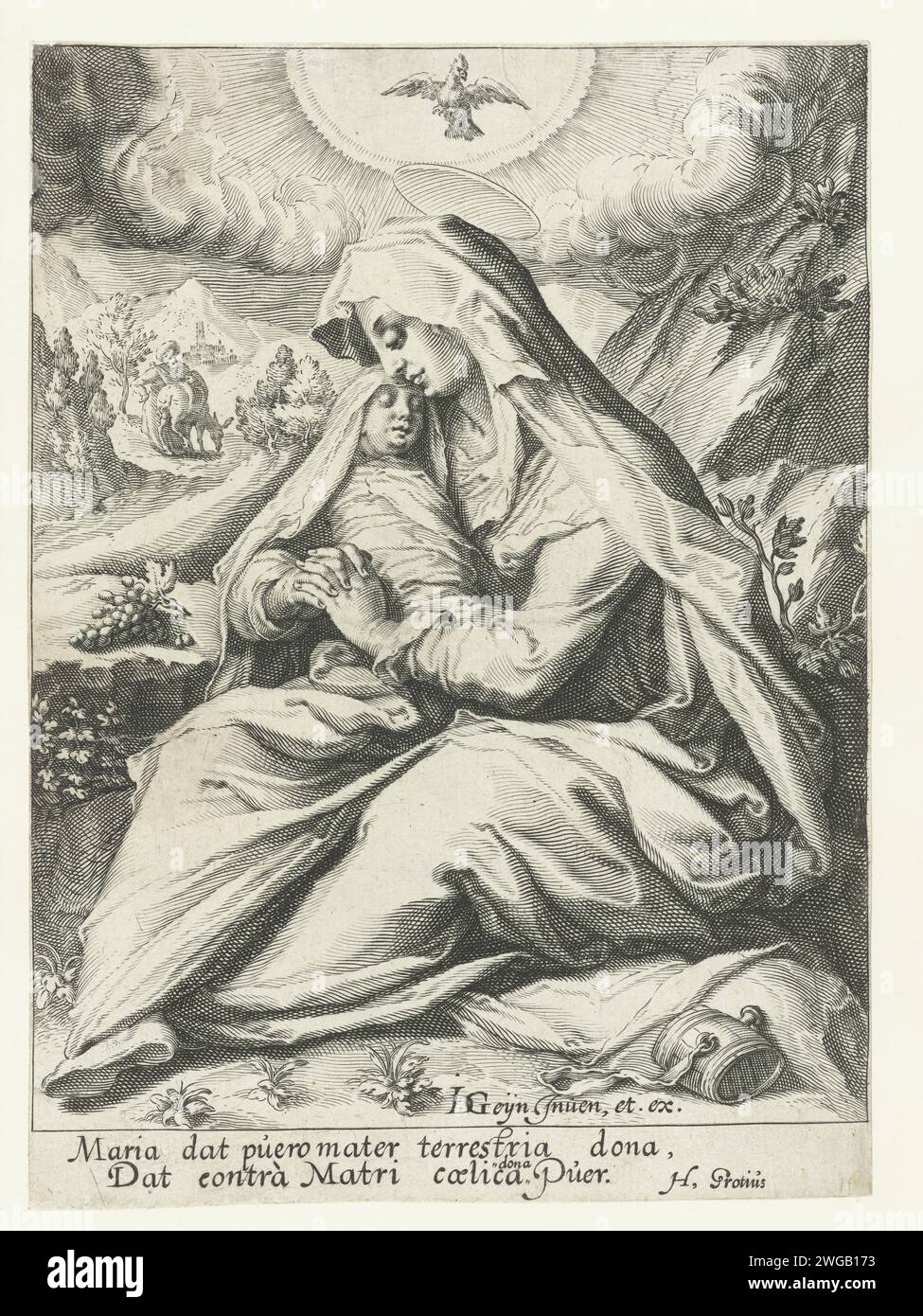 Riposa durante la fuga in Egitto, 1593 - 1597 stampa Maria siede con il bambino Cristo in grembo in un ambiente montuoso. Un piccione è sopra la sua testa a Stralenkrans. Joseph e' sullo sfondo davanti a un asino. Sotto la mostra un testo latino a due righe. L'incisione di carta olandese riposa durante il volo verso l'Egitto Foto Stock