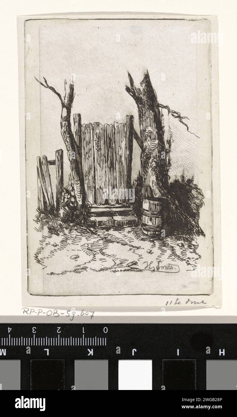 Cancello in legno con canna antipioggia, Jan Gerard Smits, in o prima del 1855 stampa la carta dell'Aia. cancello di incisione, ingresso Foto Stock