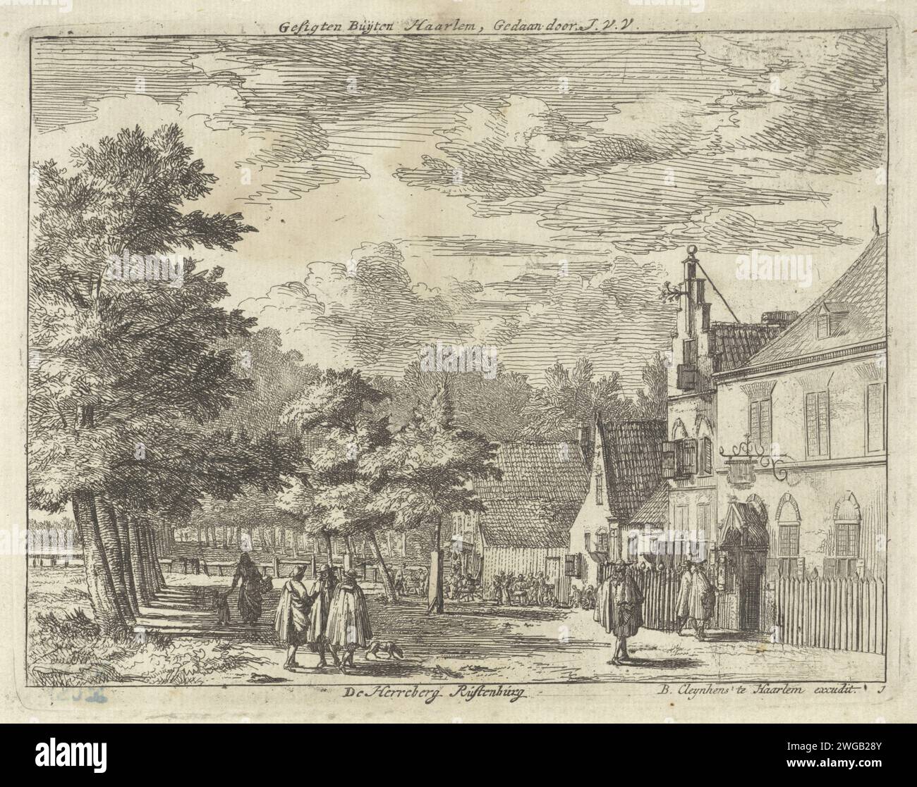 Vista del Rustenburg Inn, Jan Vincentz. Van der Vinne, dopo Isaac Vincentz. Van der Vinne, c. 1717 - 1779 stampa Walking and Conversing figures presso il Rustenburg Inn. Numerato in basso a destra: 1. Haarlem paper etching hotel, ostello, locanda. Escursioni a piedi e a piedi (attività ricreative) ad Haarlem Foto Stock