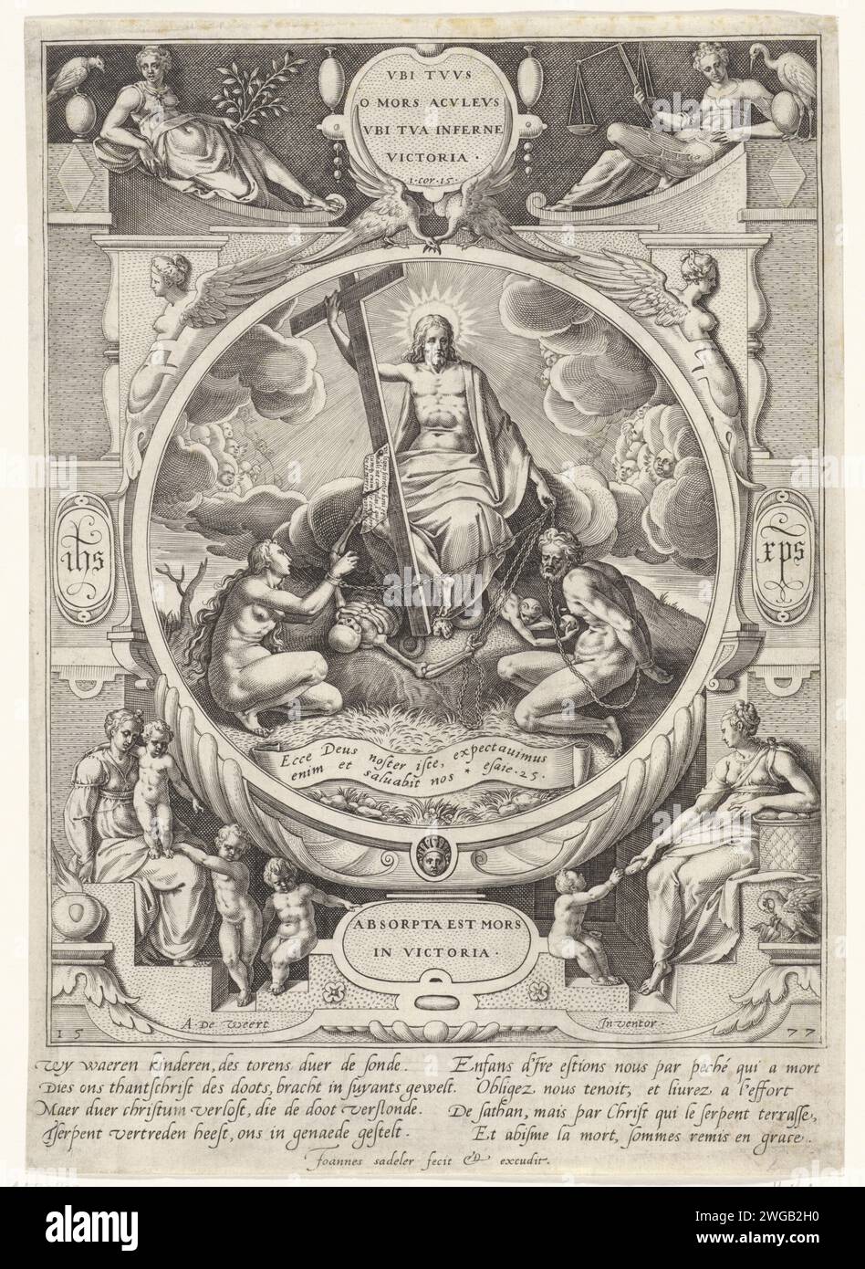 Cristo come vincitore della morte e del peccato, Johann Sadeler (i), dopo Adriaan de Weerdt, 1577 stampa Cristo come vincitore della morte e del peccato. È seduto su una nuvola con i morti sconfitti e il diavolo sotto di lui. Accanto a lui i incatenati Adam ed Eva. In cima alle personificazioni giustizia e pace. In fondo alle personificazioni dell'amore (caritas) e della grazia (misericordia). La stampa ha una didascalia olandese e francese con una spiegazione. Carta di Anversa che incide Cristo trionfante, ad esempio su carro trionfale. Morte come scheletro. Adamo ed Eva (non in contesto biblico). Cristo con peccatori penitenti Foto Stock