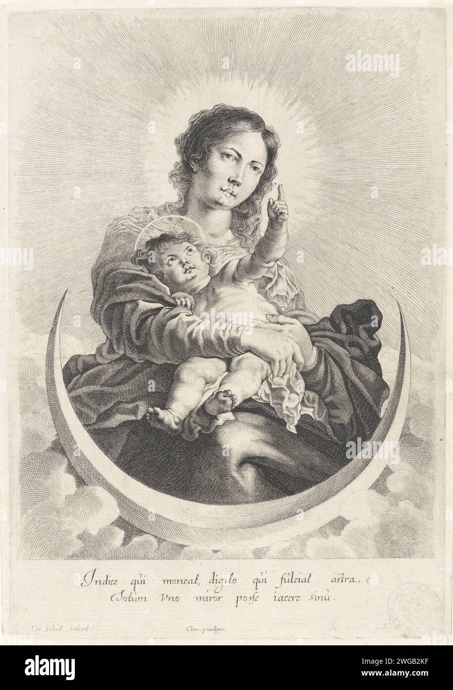 Maria con Cristo bambino, sulla lunare, Hans Witdoeck, dopo Cornelis Schut (i), 1633 stampa Anversa carta incisione Madonna sulla mezzaluna della luna (talvolta chiamata Regina del cielo) (in mandorla) Foto Stock