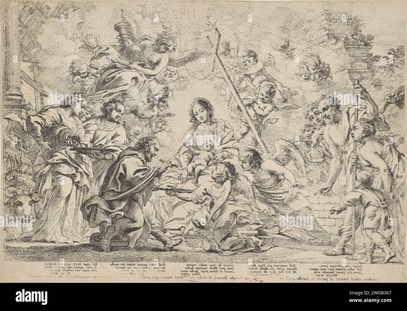 Circoncisione di Cristo, Cornelis Schut (i), 1618 - 1655 stampa il bambino di Cristo è in grembo di Maria. Un prete siede su uno sgabello davanti a lei e prende un coltello da una ciotola che un angelo lo tiene. Anche un secondo angelo guarda. Ci sono spettatori da entrambe le parti. A destra ci sono il bue e l'asino. In aria un angelo con una brocca. Putti possiede gli strumenti della passione. Venti versi sotto l'immagine. Carta contro gli strumenti della passione e i cinque arti feriti. Circoncisione del Cristo bambino da parte del sacerdote nel tempio (Luca 2:21) (+ angelo(i)) Foto Stock