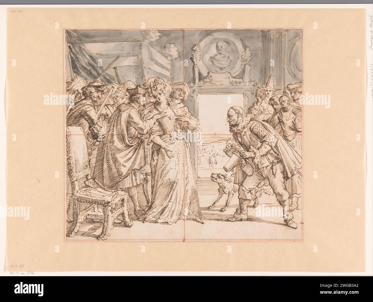 Cartone animato su Luigi XIV e la persecuzione dei protestanti in Francia, 1689, Romeyn de Hooghe, 1689 disegno la Belle Constance (i protestanti francesi) sono corteggiati da Luigi XIV, gesuiti e soldati. Nel gruppo a destra con il re Jacobus II e la regina con il povero bambino, non riesce nemmeno a trovare sicurezza. Progettare una stampa. carta. persone storiche penna/pennello a inchiostro. eventi e situazioni storici Foto Stock