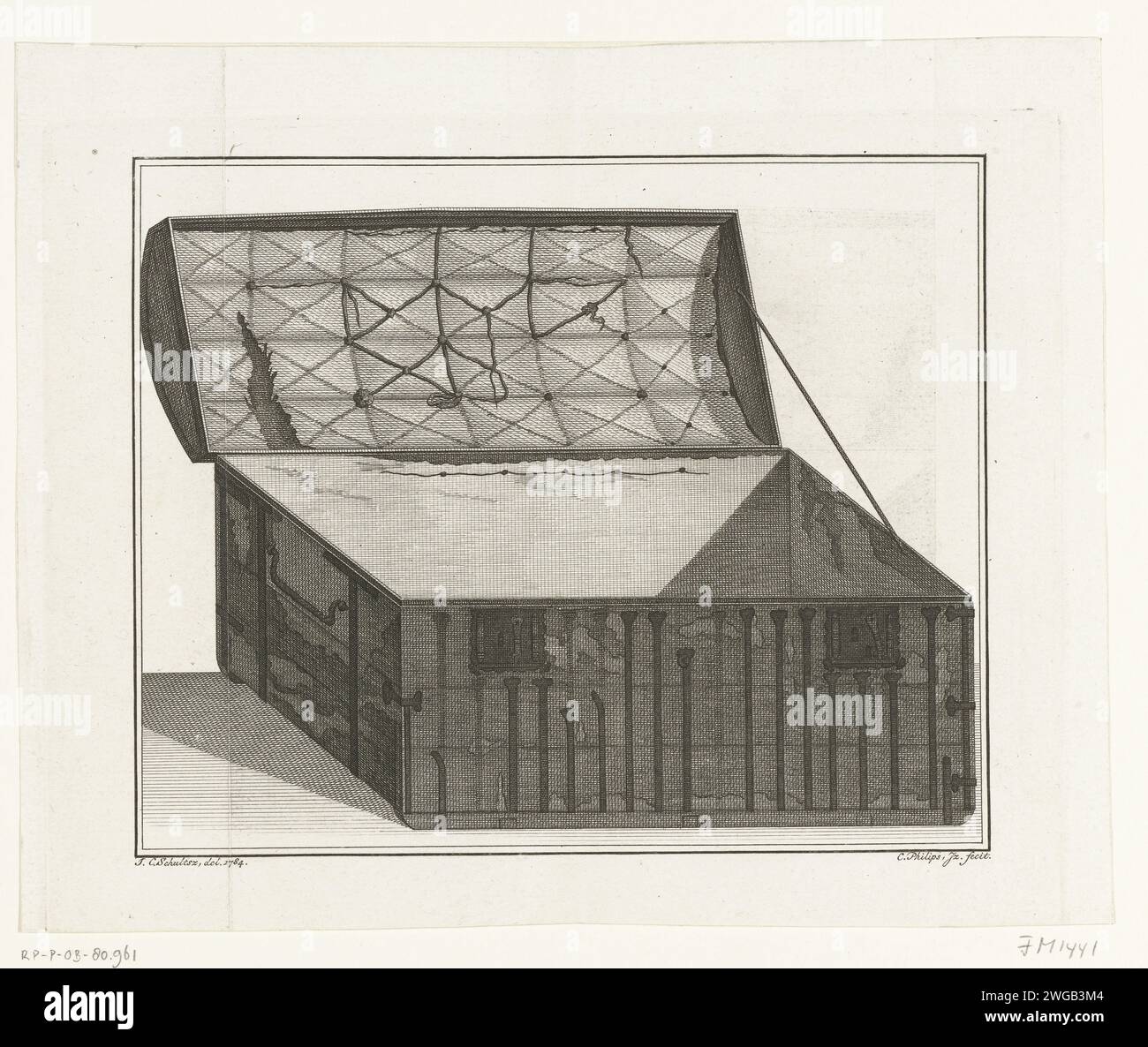 La scatola del libro in cui Hugo de Groot fuggì da Loevestein nel 1621, 1783, 1784 - 1785 stampò la scatola del libro in cui Hugo de Groot fuggì da Loevestein slot il 22 marzo 1621. Immagine della scatola con coperchio aperto, nel 1783 in possesso di Jacob Klinkhamer ad Amsterdam. Tronco per incisione carta olandese, astuccio Foto Stock