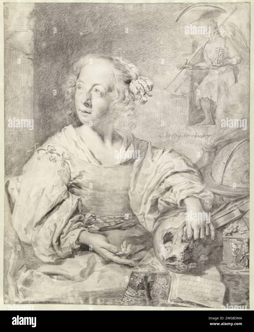 Allegoria di Transience, Cornelis Visscher (II), c. 1654 - c. 1658 pergamena da disegno (materiale animale). Gesso seduto tra oggetti che formano una natura morta "Vanitas". Teschio come simbolo di "Vanitas". donna adulta Foto Stock