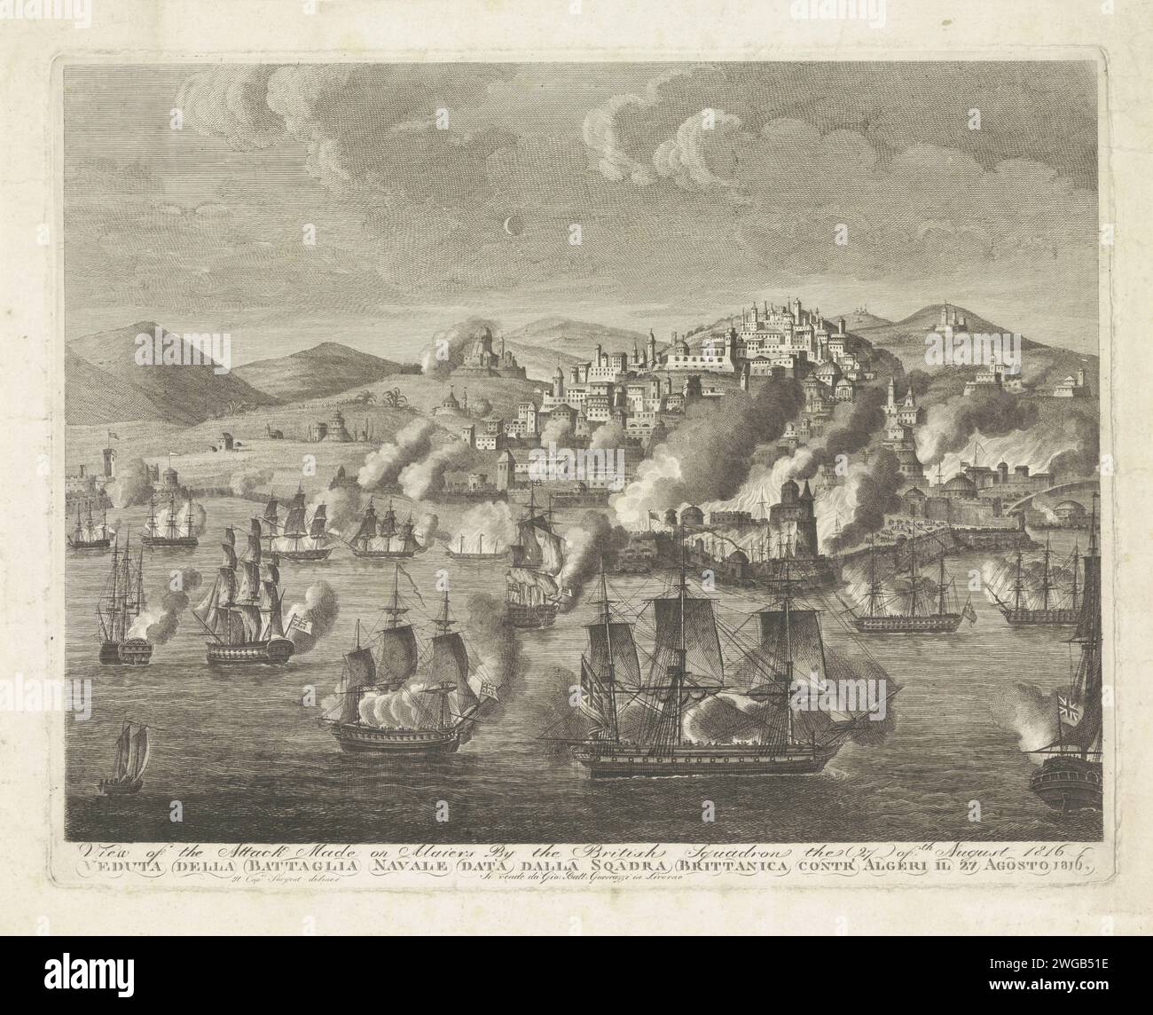 Bombardamento Van Algeri, 1816, anonimo, dopo Sargent, 1816 stampa il bombardamento di Algeri nella notte del 26-27 agosto 1816 da parte della flotta combinata inglese-olandese, al comando di Lord Exmouth e Jonkheer van Capellen. La flotta alleata in primo piano, dietro di essa, fiamme e fumo dalle navi e dagli edifici in fiamme sulla costa. Dietro la città si trova sulle colline sulla costa. Tipografia: Italia (forse)editore: Livorno cartiera/incisione bombardamento  assedio (+ navi a vela). bombardamento (+ navi a vela). marina (+ navi a vela) Algeri Foto Stock