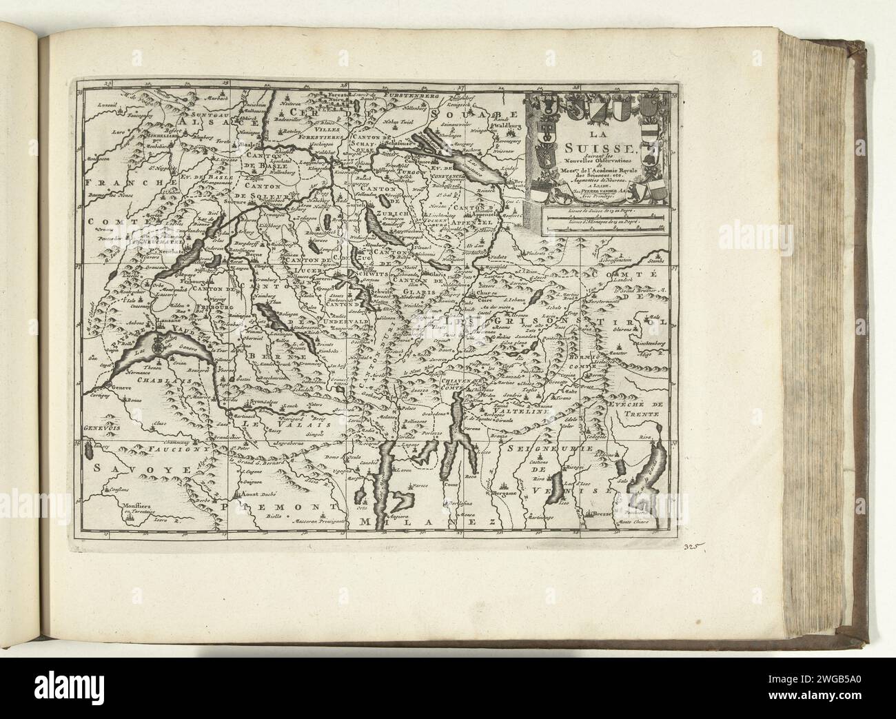 Mappa della Svizzera, 1726, 1726 Stampa mappa della Svizzera. Targa n.. 325 nella parte XIV dell'opera stampata: Les Forces de l'Europe, Asie, Afrique et Amerique ... Comme Aussi Les Cartes des Côtes de France et d'Espagne dal 1726, questa seconda parte con 271 carte numerate a mano di rinomate città e fortezze forti nel contesto della guerra di successione spagnola 1701-1713. Per la maggior parte, questi documenti sono stati copiati negli anonimi documenti francesi di famose città e forze forti: In Les Forces de l'Europe e in: Le Theater de la Guerre, Dans Les Pays-Bas, entrambi originariamente pubblicati da Foto Stock