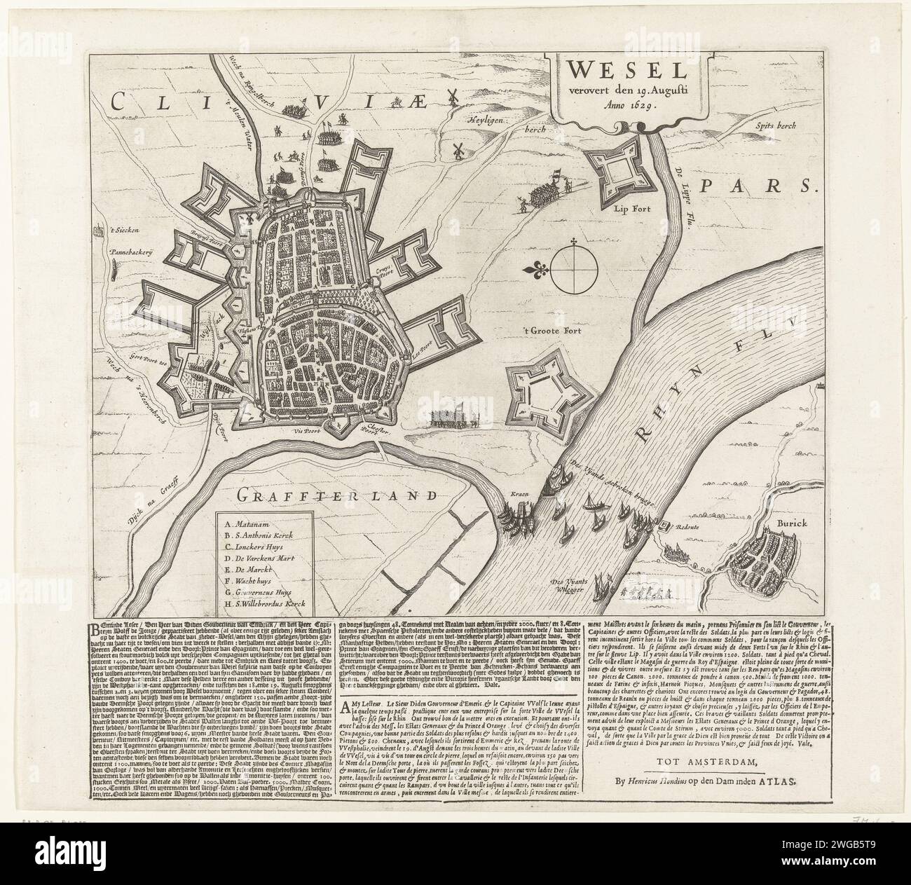 Conquista di Wesel, 1629, 1629 Stampa mappa con la conquista di Wesel aan de Rijn nella notte del 19 agosto 1629. Con testo in 3 colonne in olandese e francese stampato sotto l'album. Tipografia: Olanda settentrionale spublisher: Amsterdam cartaceo/carta stampata mappe di paesi o regioni separati. mappe delle città. Cattura della città (dopo l'assedio) di Wesel. Reno Foto Stock