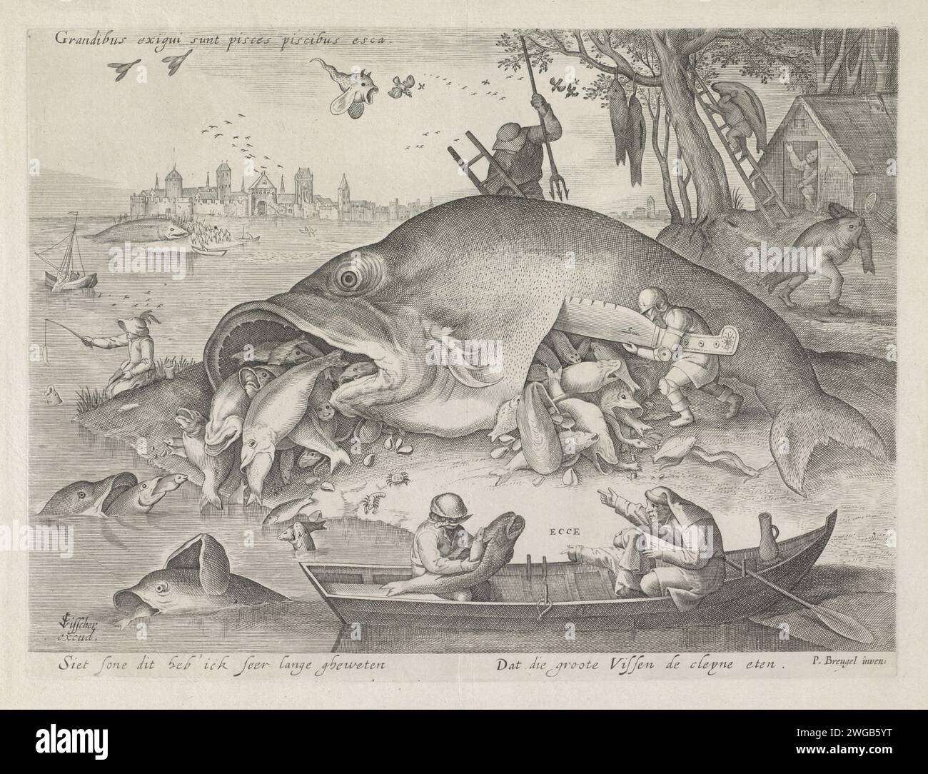 Big Fish Eat De Kleine Vissen, Anonimo, dopo Pieter van der Heyden, dopo Pieter Bruegel (i), 1601 - 1652 stampa The Big Fish eat the small fish. Un grosso pesce intrappolato sulla riva viene aperto da un maschio con un coltello, in modo che molti piccoli pesci e conchiglie fuoriescano dalla pancia e dalla bocca. In primo piano una barca a remi in cui un padre punta suo figlio allo spettacolo e a un pescatore. Sotto l'esecuzione una regola in latino e una regola in olandese. Pesci per incisione su carta di Amsterdam. mostri più grandi del normale. proverbi, detti, ecc. Foto Stock