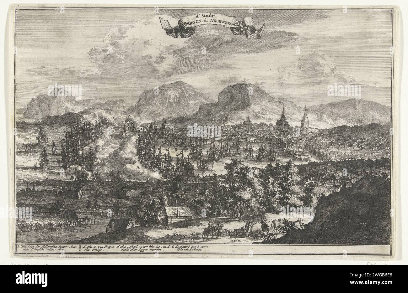Navi mercantili olandesi attaccarono nel porto di Bergen in Norvegia, 1665, 1665 - 1709 stampa Battaglia di Bergen (Norvegia), 10 agosto 1665. Attacco della flotta inglese alla flotta mercantile olandese situata nel porto neutrale di Bergen in Norvegia. Gli inglesi vengono cacciati via da De Ruyter. Nella didascalia De leggenda A-e.. Battaglia di incisione della carta dei Paesi Bassi settentrionali (+ forza navale) Bergen Foto Stock